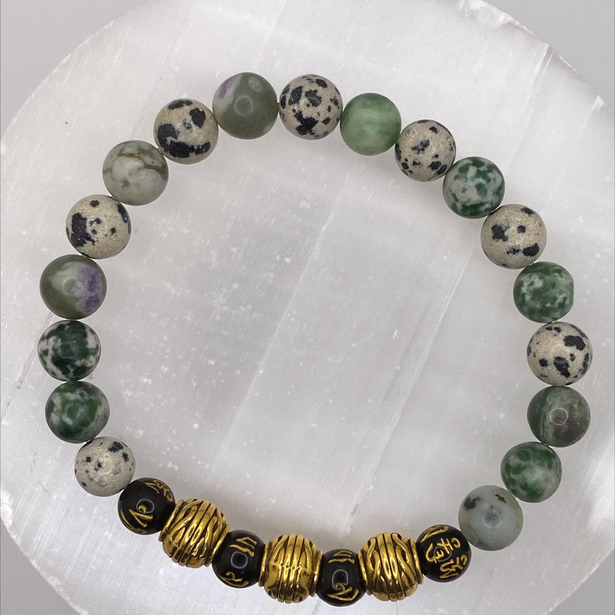 Dalmatian Jasper Pixiu Bracelet | Joy & Prosperity | Tree Agate Black Charm Crystal Gemstone Jewelry __etsy:8086806568