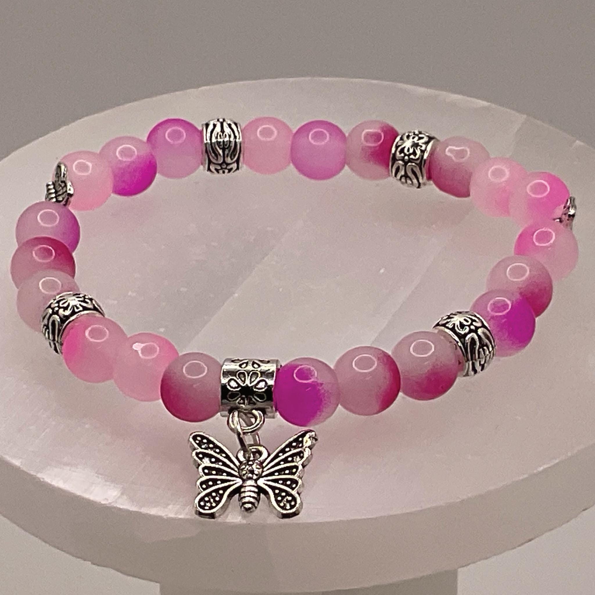 Pink Dragon Vein Agate Bracelet | Transformation & Heart Healing | Silver Butterfly Charm Jewelry __etsy:8087015524