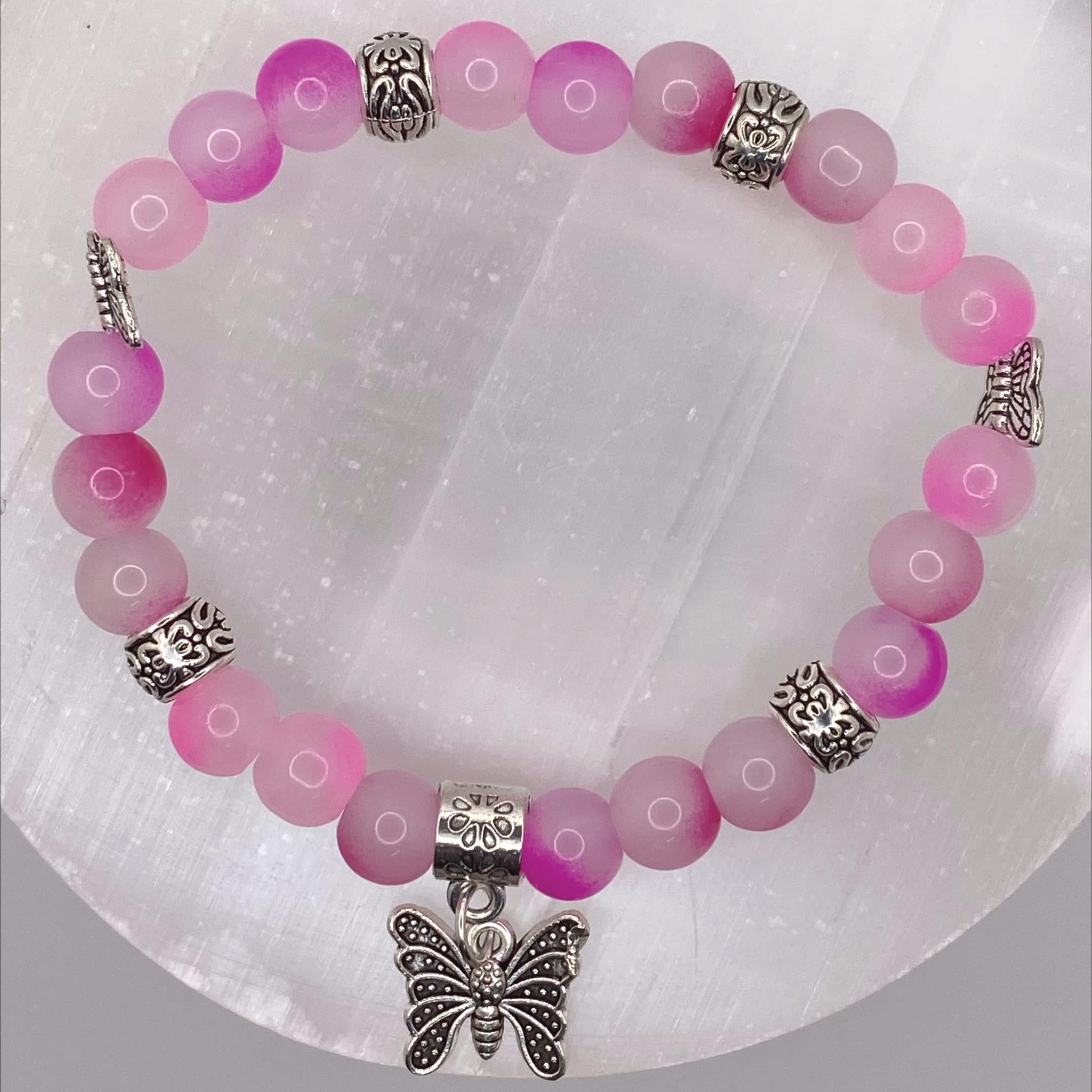 Pink Dragon Vein Agate Bracelet | Transformation & Heart Healing | Silver Butterfly Charm Jewelry __etsy:8134923057