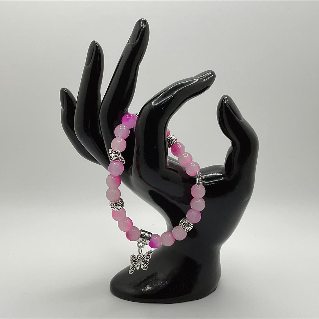 Pink Dragon Vein Agate Bracelet | Transformation & Heart Healing | Silver Butterfly Charm Jewelry __etsy:8087015530
