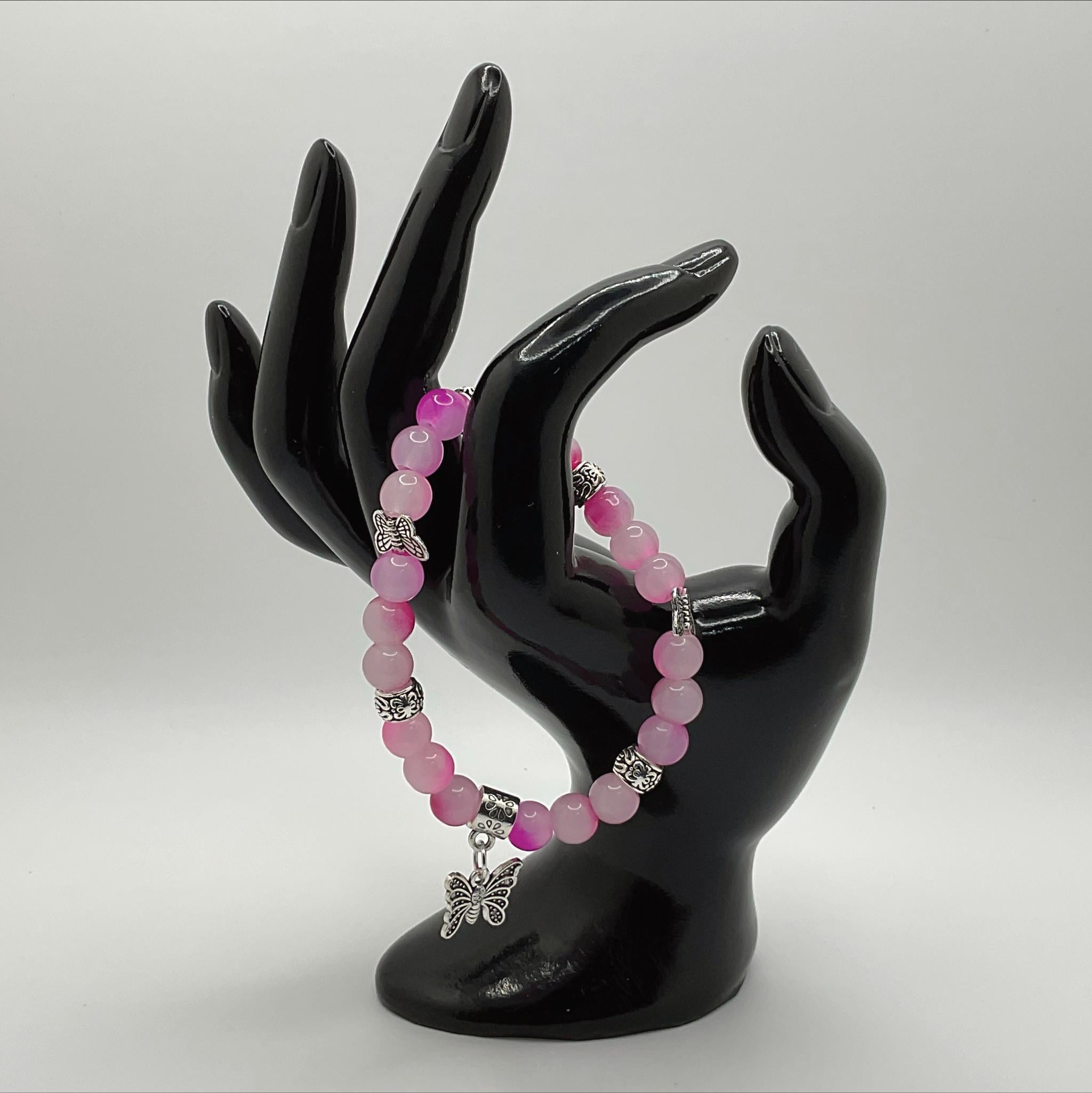 Pink Dragon Vein Agate Bracelet | Transformation & Heart Healing | Silver Butterfly Charm Jewelry __etsy:8087015530