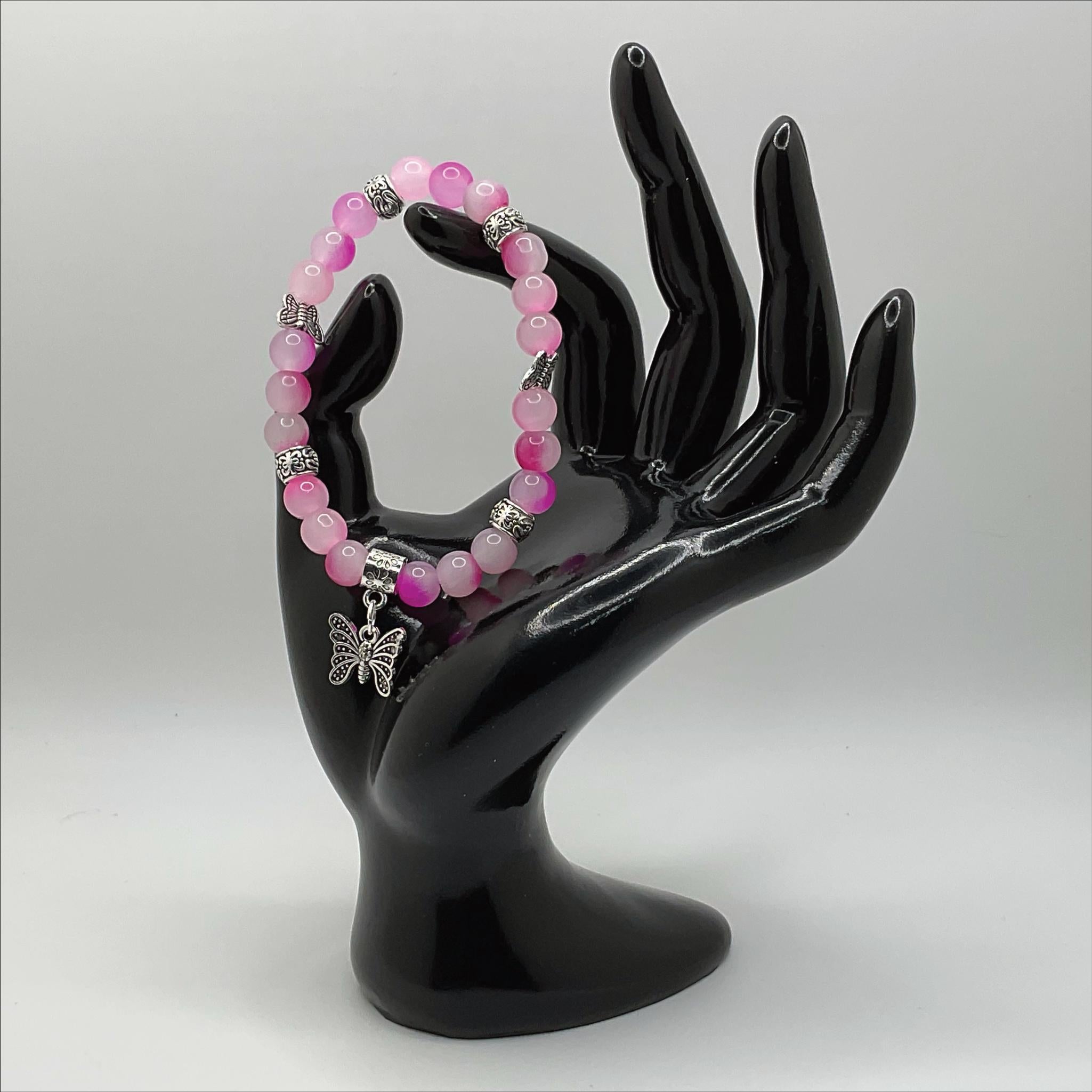 Pink Dragon Vein Agate Bracelet | Transformation & Heart Healing | Silver Butterfly Charm Jewelry __etsy:8134923051