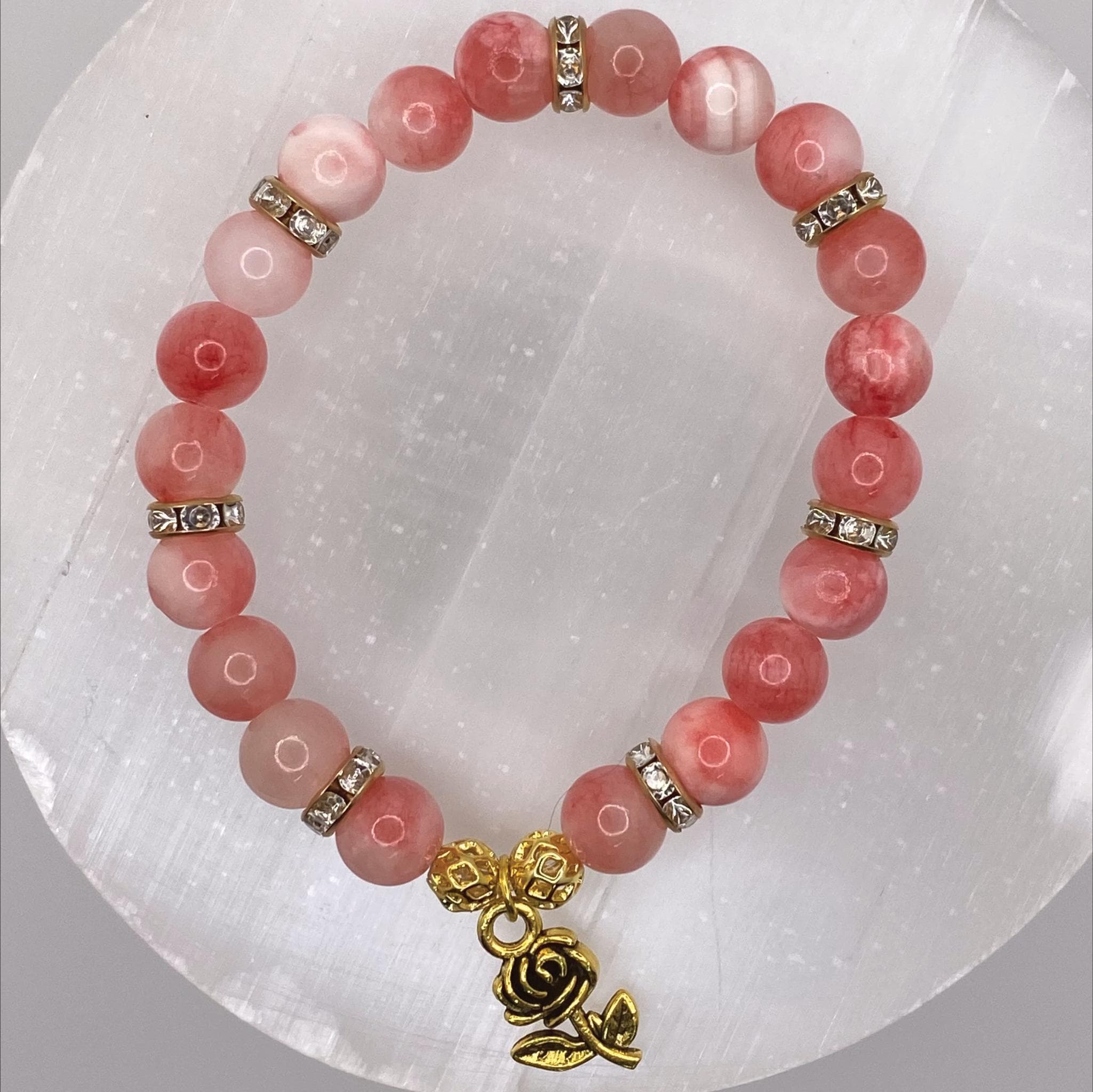 Pink Opal Flower Charm Bracelet | Love & Emotional Healing | Gold Crystal Spacers Gemstone Jewelry __etsy:8134435655