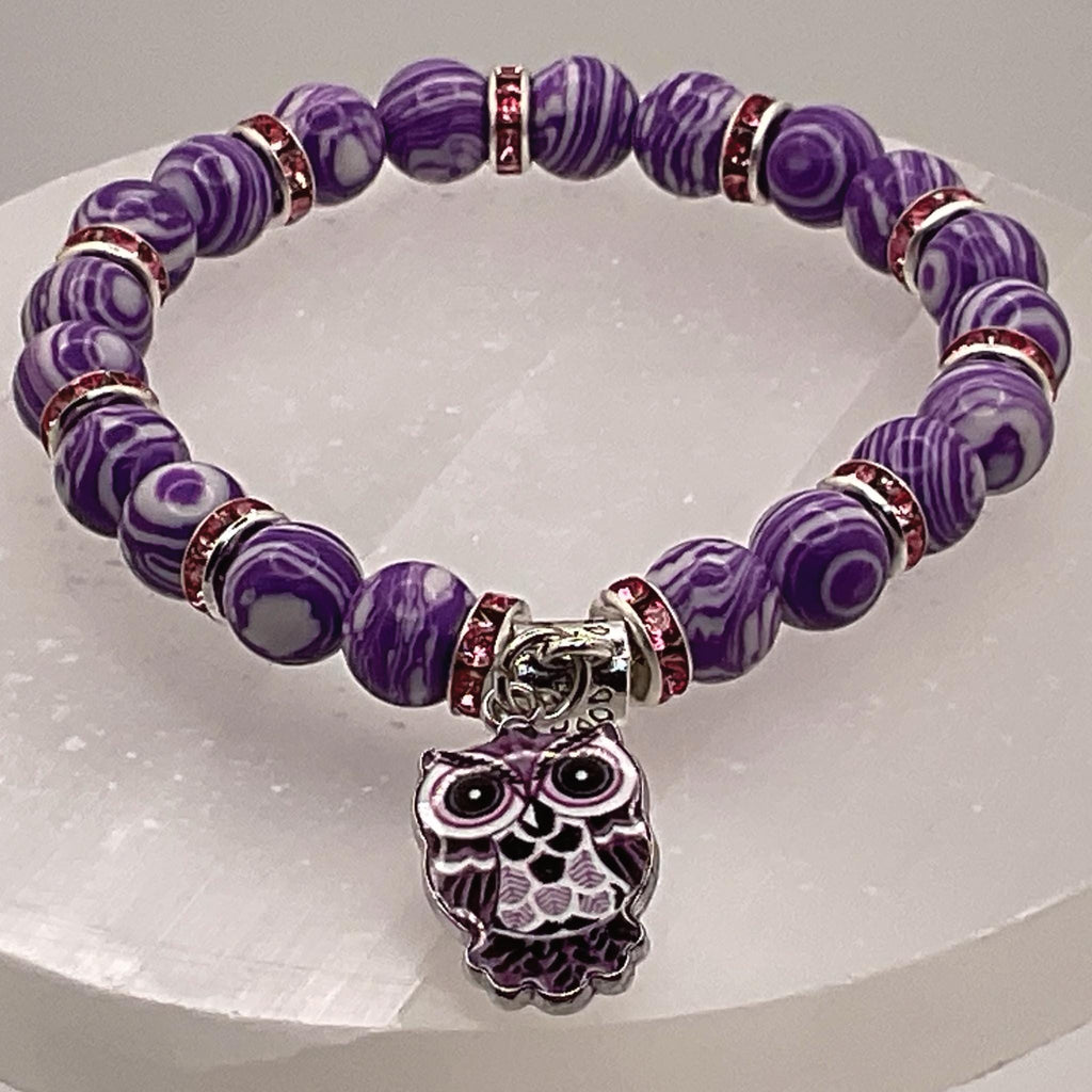 Purple Sea Glass Owl Bracelet | Intuition & Wisdom | Pink Crystal Silver Spacers Charm Jewelry __etsy:8086542148