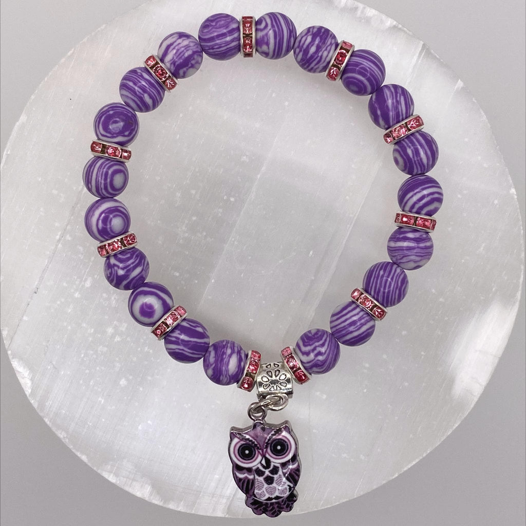 Purple Sea Glass Owl Bracelet | Intuition & Wisdom | Pink Crystal Silver Spacers Charm Jewelry __etsy:8134450709