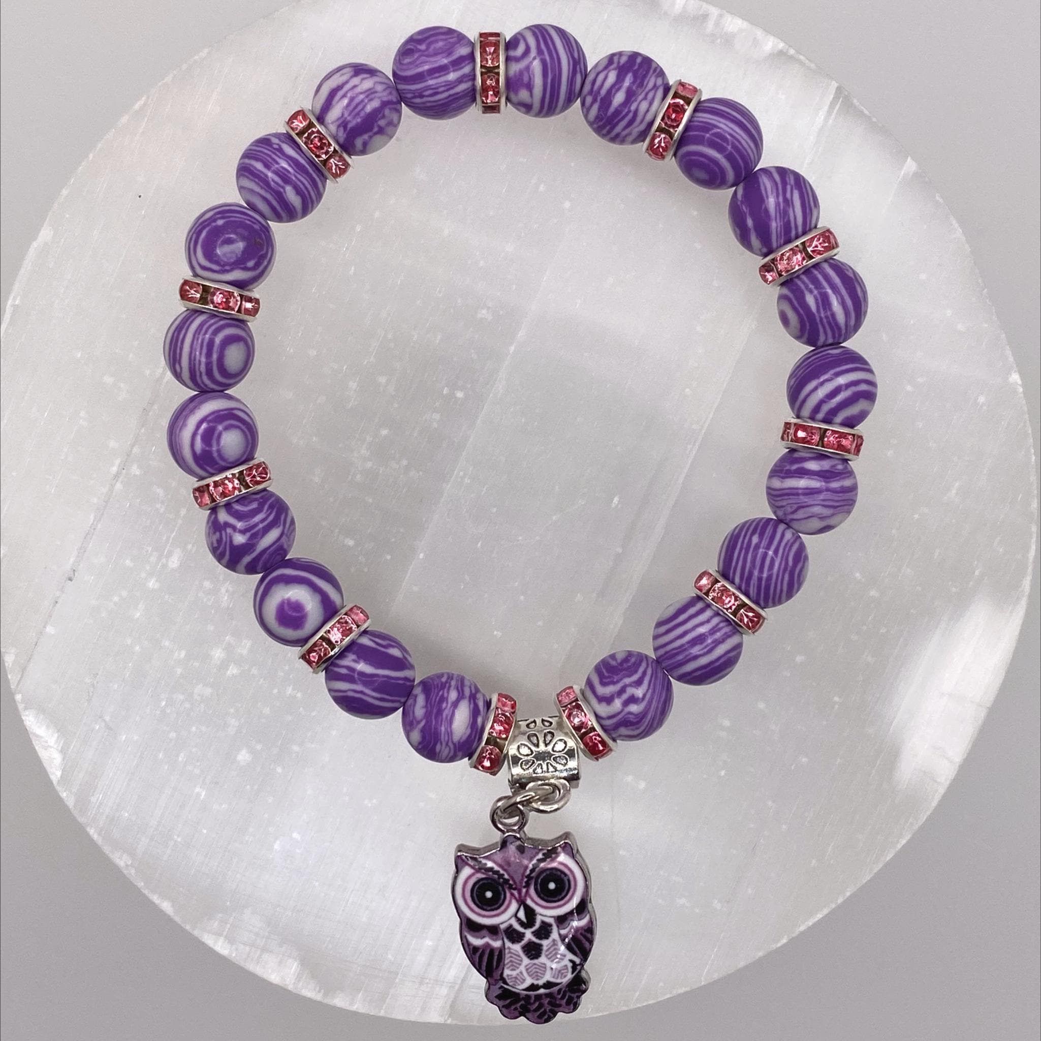 Purple Sea Glass Owl Bracelet | Intuition & Wisdom | Pink Crystal Silver Spacers Charm Jewelry __etsy:8134450709