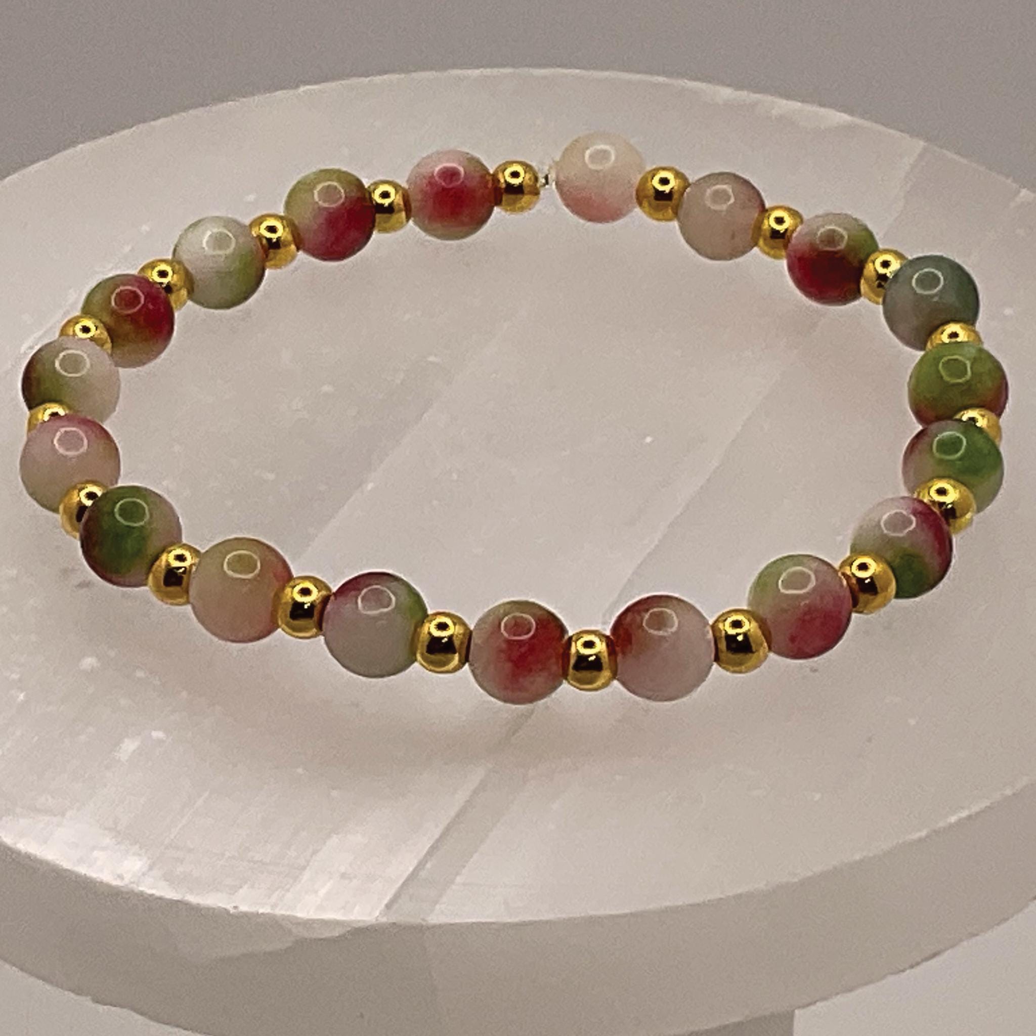 Watermelon Jade Bracelet | Love & Abundance | Tiny Gold Spacers Handmade Crystal Gemstone Jewelry __etsy:8134530795