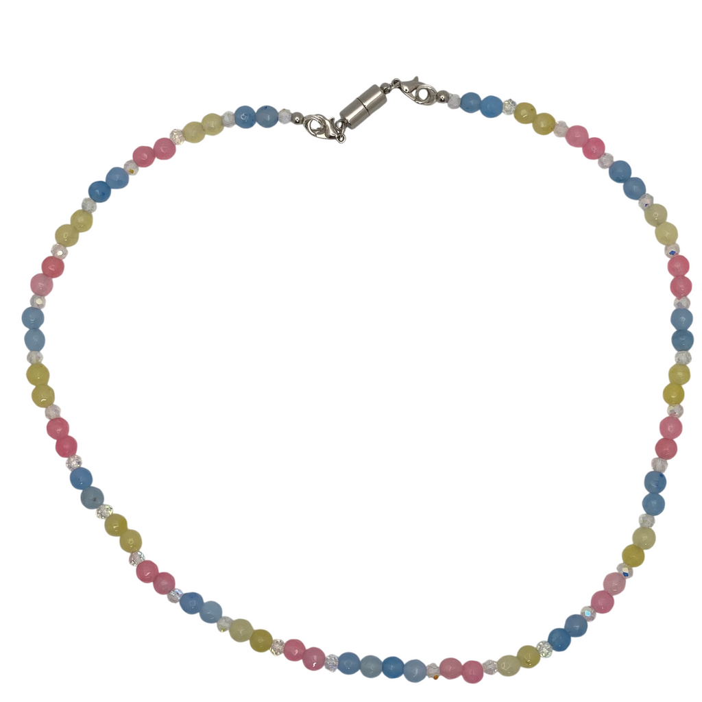 Collar de ágata calcedonia rosa, amarilla y azul de 50,8 cm con espaciadores de cristal