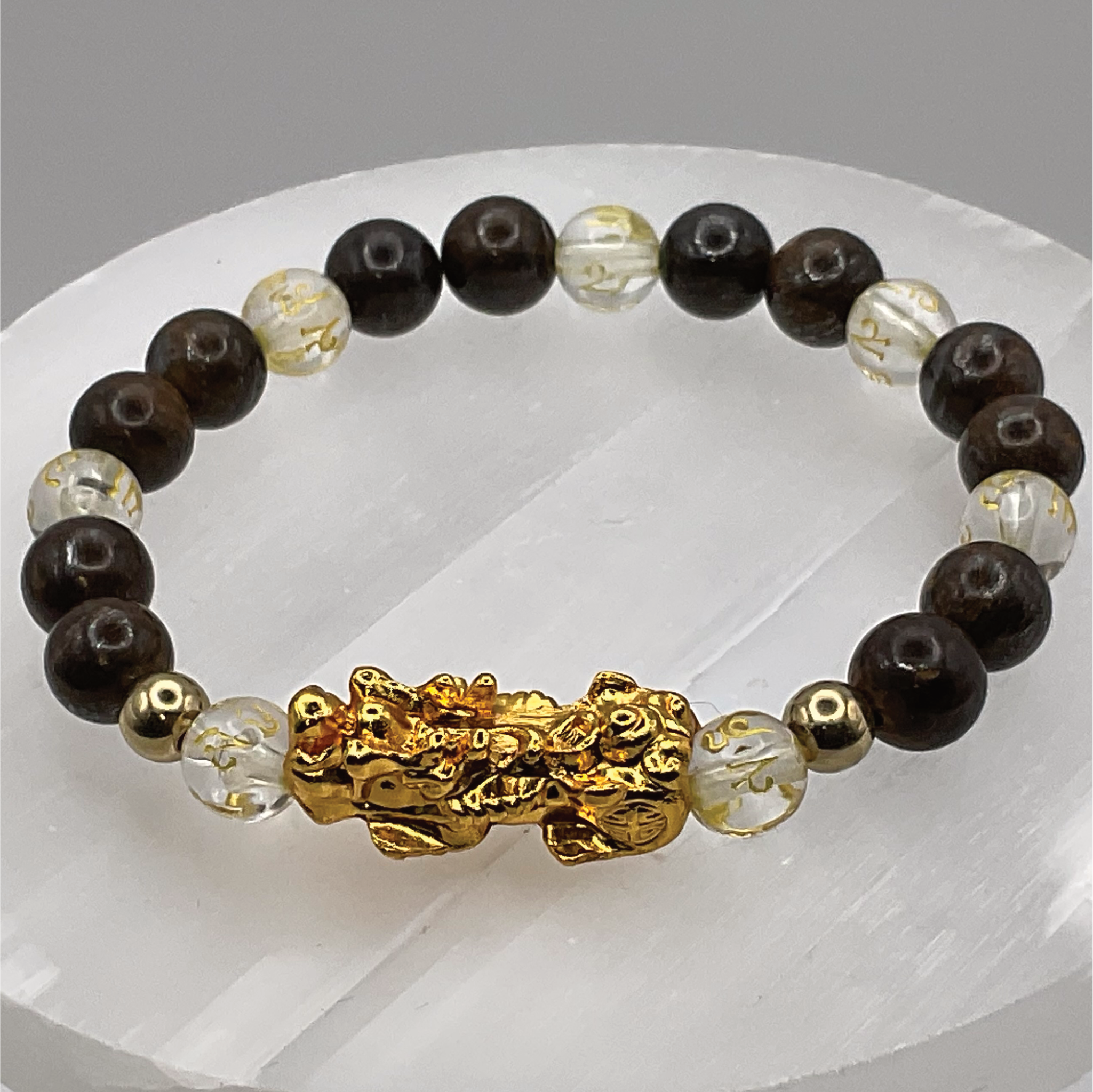 Brown Jasper Clear Quartz Pixiu Dragon Bracelet with Gold Tone Charm