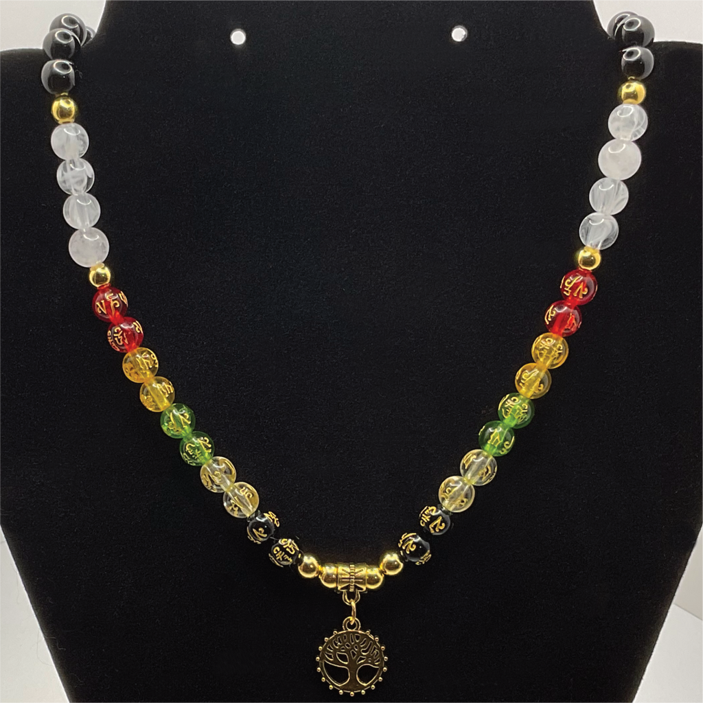18" Chakra Black Agate Clear Quartz Tree of Life Charm Necklace with Gold Tone Spacers