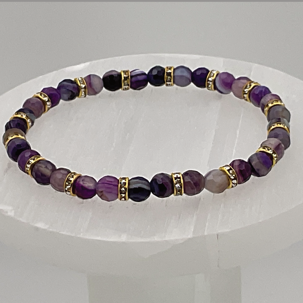 Pulsera de ágata de vena de dragón púrpura con separadores de cristal dorado
