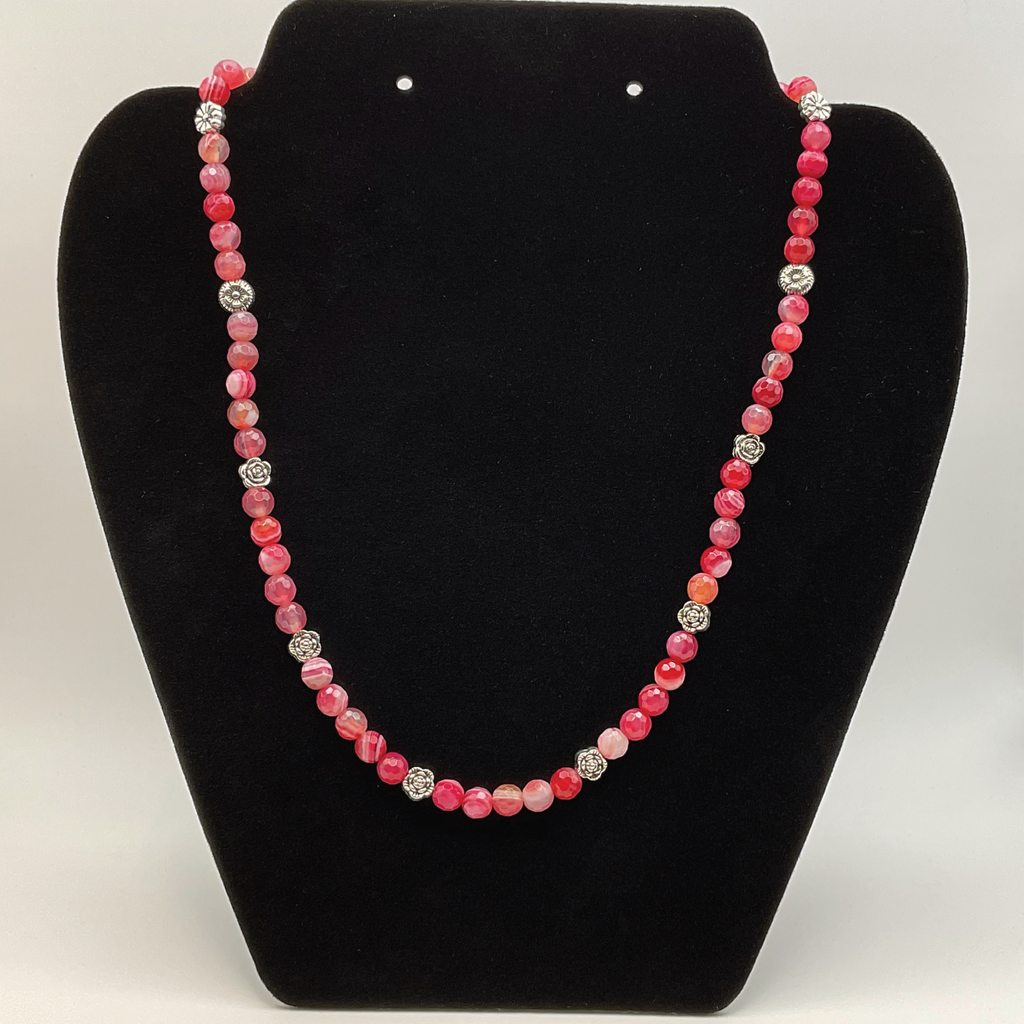 18" Pink Dragon Vein Agate Necklace with Silver Flower Spacers