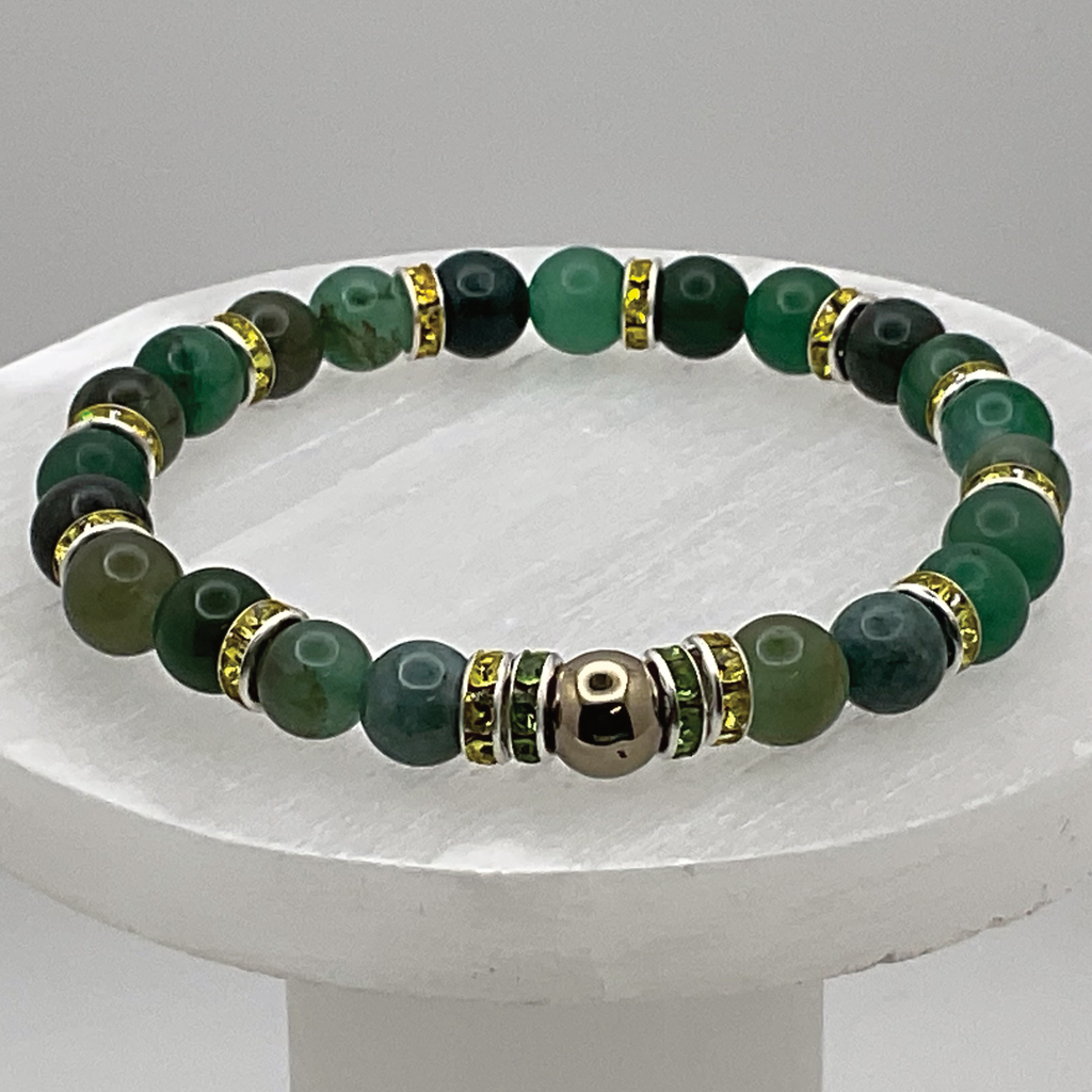 Pulsera de Aventurina Verde y Hematita con Espaciadores de Cristal Verdes, Amarillos y Plateados