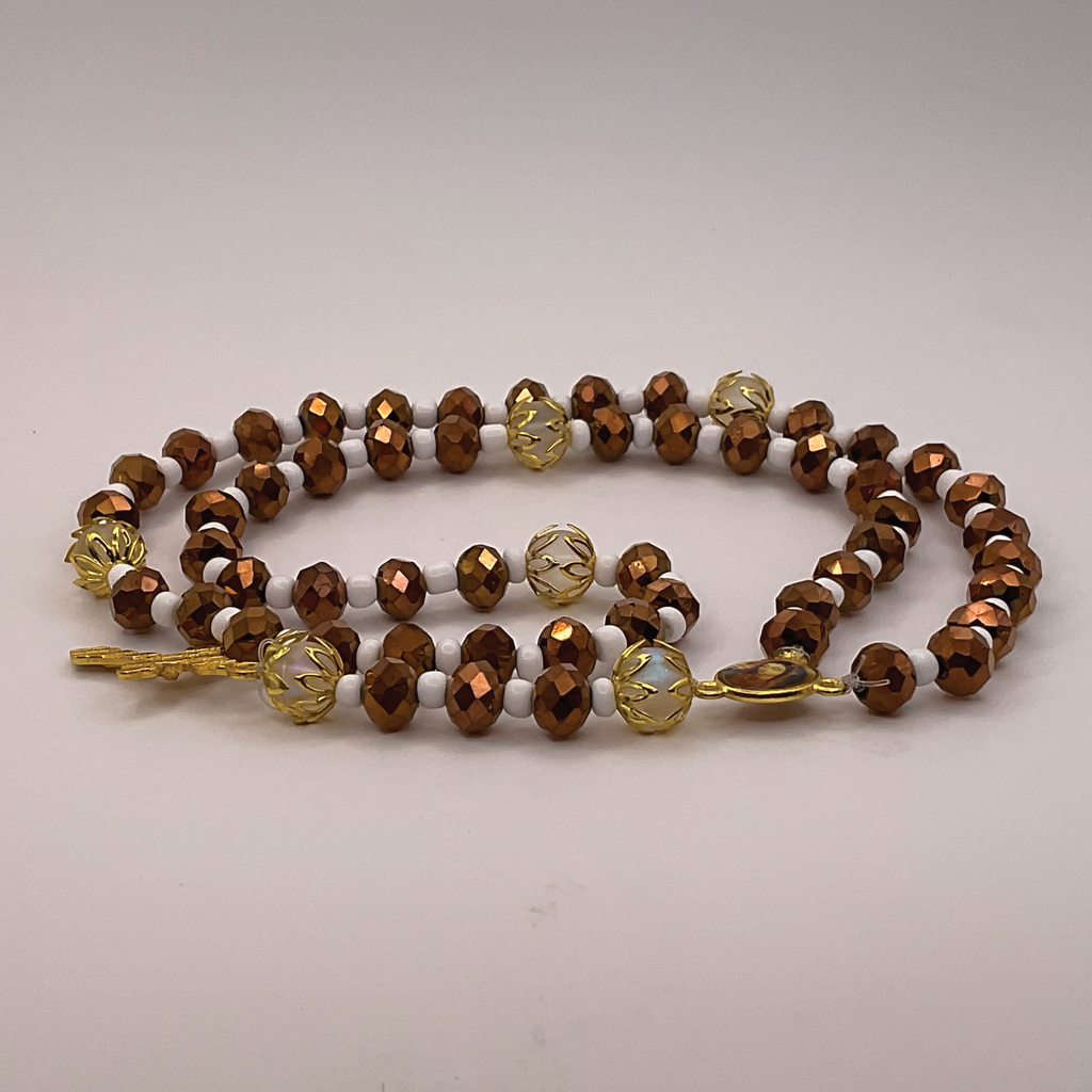 Brown Faceted White Spacer Full 5 Decade Gold Rosary