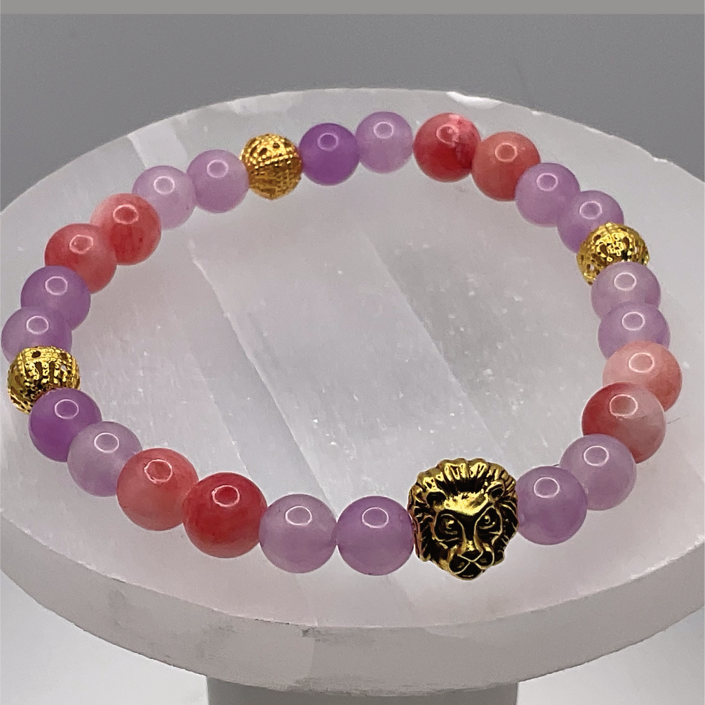 Carnelian Agate, Amethyst Lion Charm Bracelet with Gold Tone Spacers