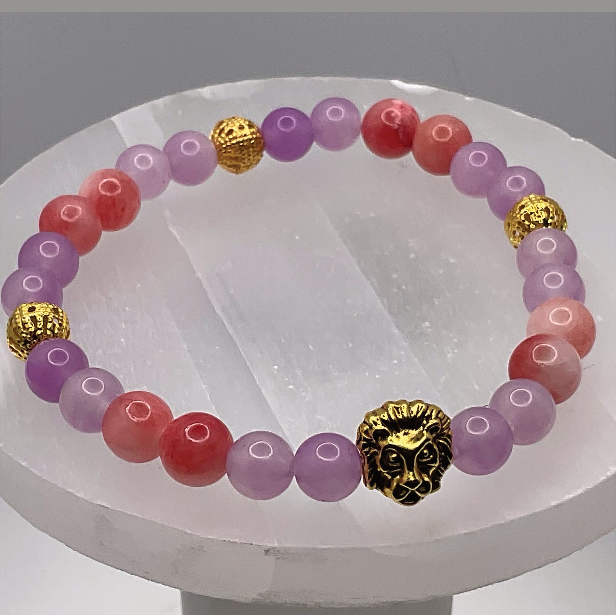 Carnelian Agate, Amethyst Lion Charm Bracelet with Gold Tone Spacers