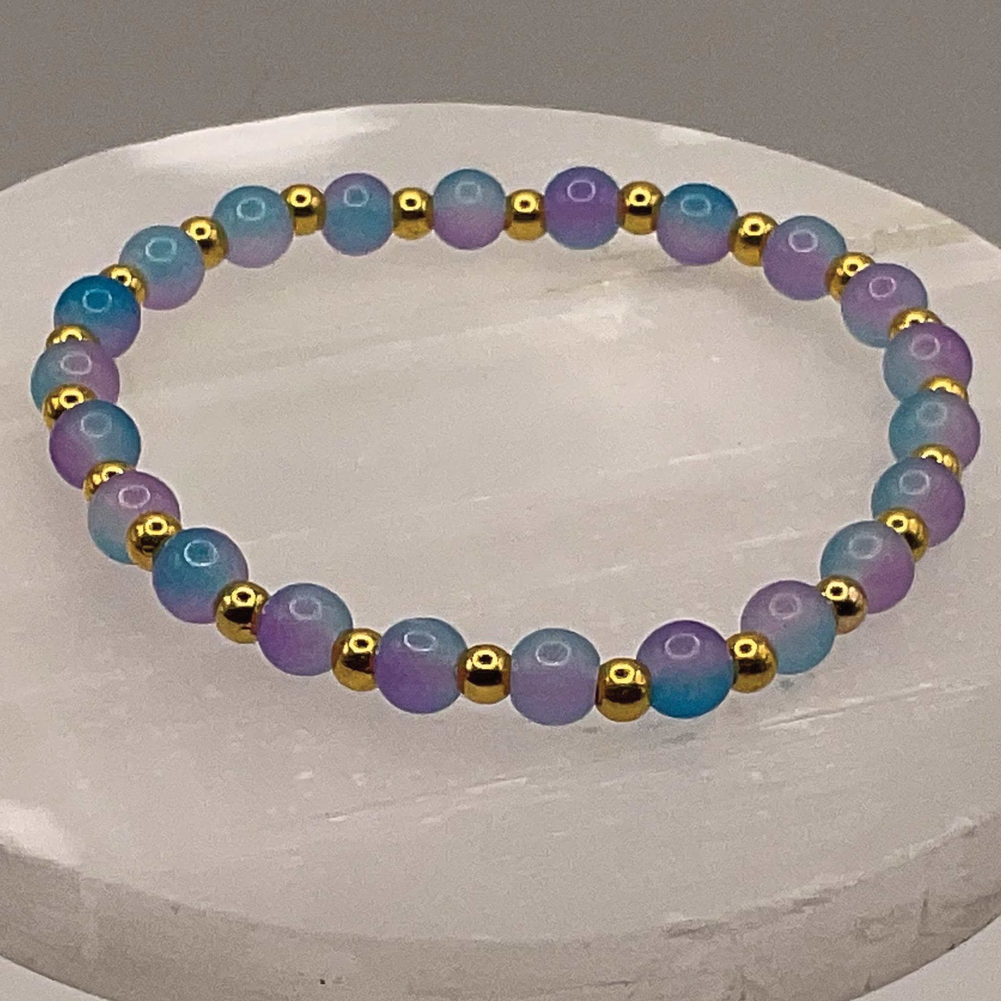 Blue Pink Glass Bracelet with Gold Spacers