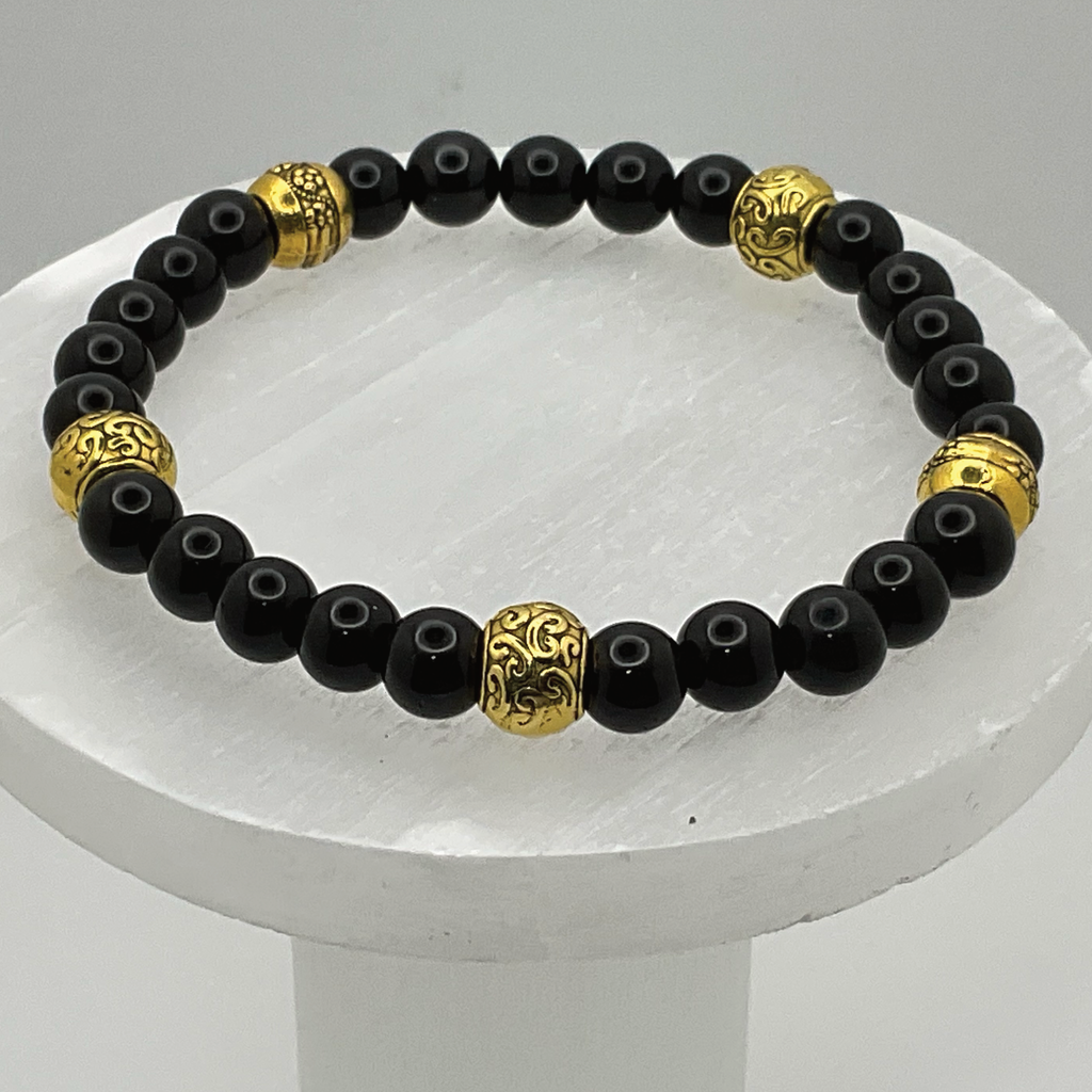 Black Agate Bracelet with Gold Spacers