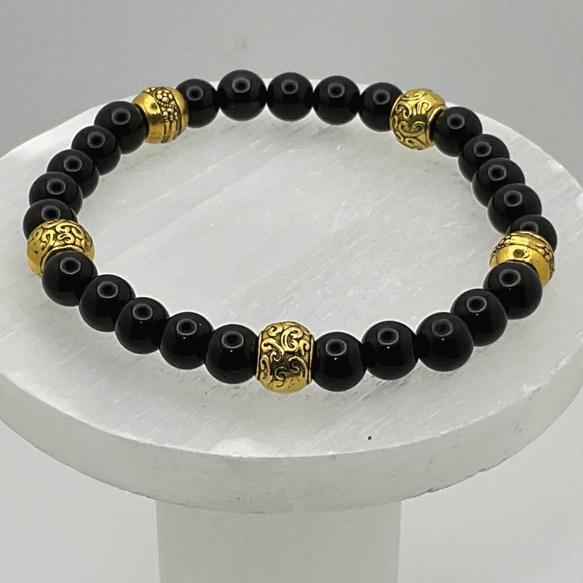 Black Agate Bracelet with Gold Spacers