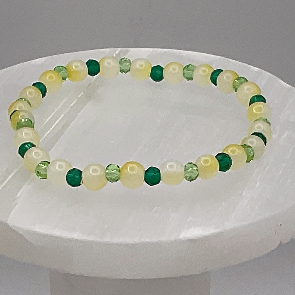 Cloudy Yellow Glass Bracelet with Tiny Green Crystal Spacers
