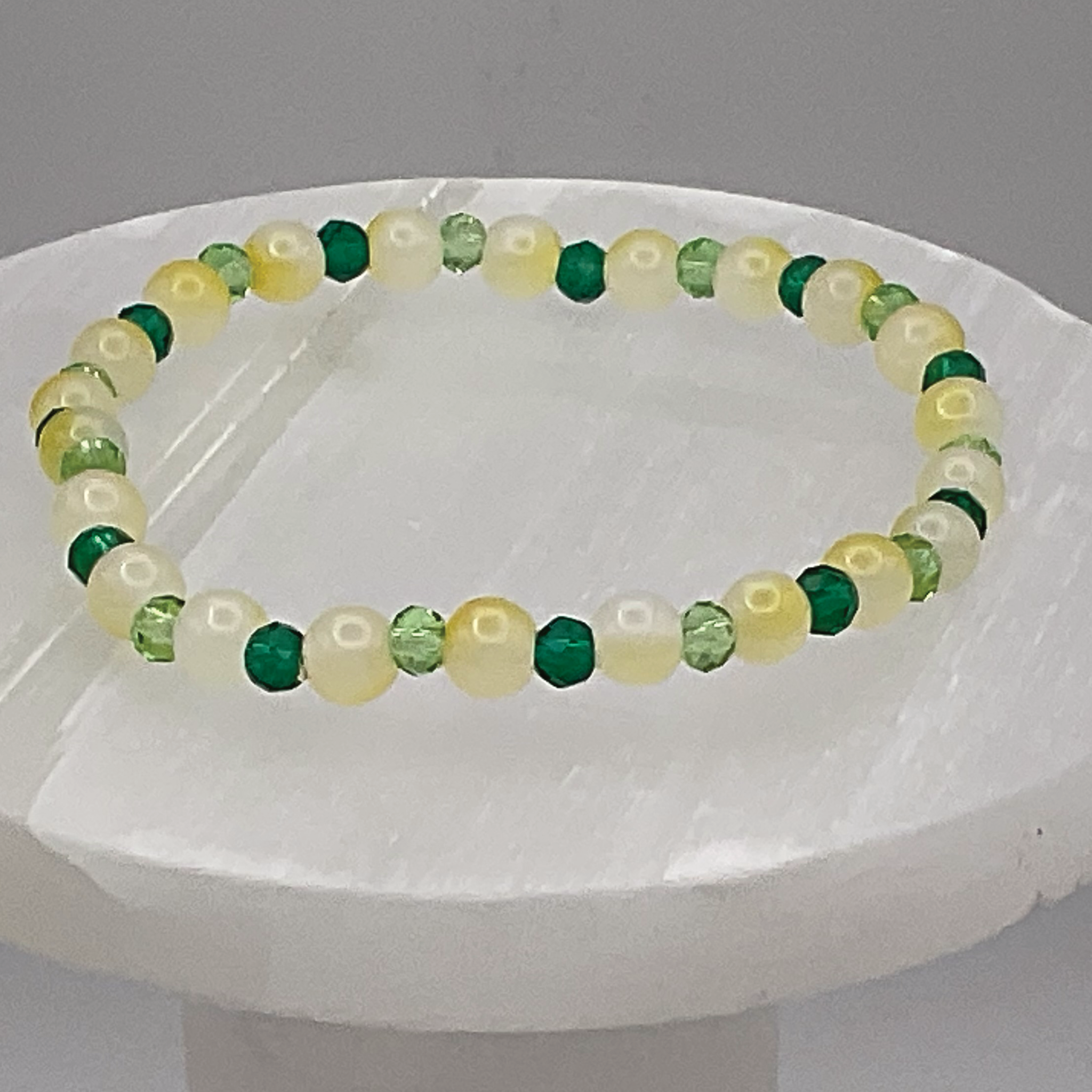 Cloudy Yellow Glass Bracelet with Tiny Green Crystal Spacers