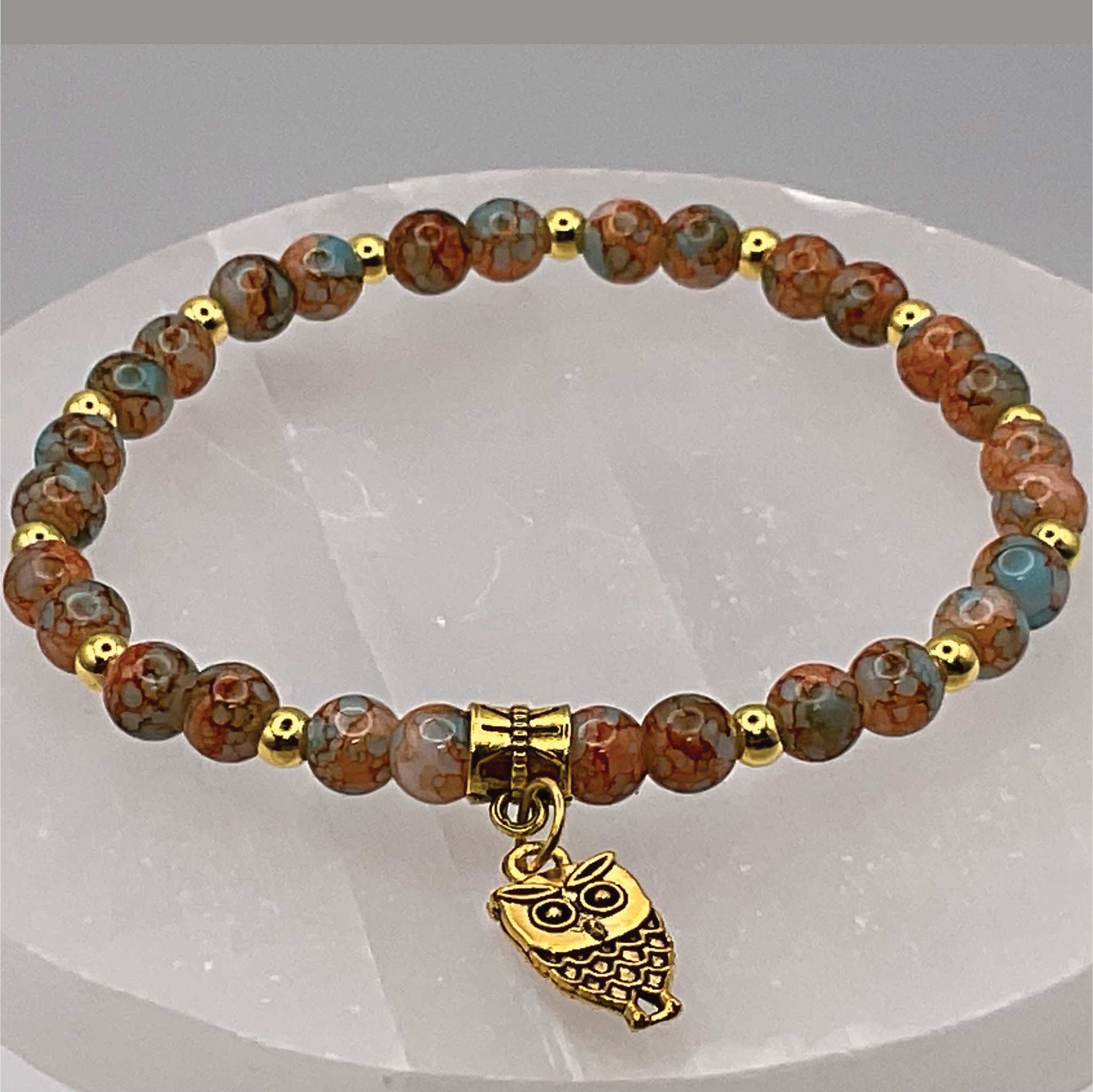 Unakite Jasper Owl Charm with Gold Tone Spacers