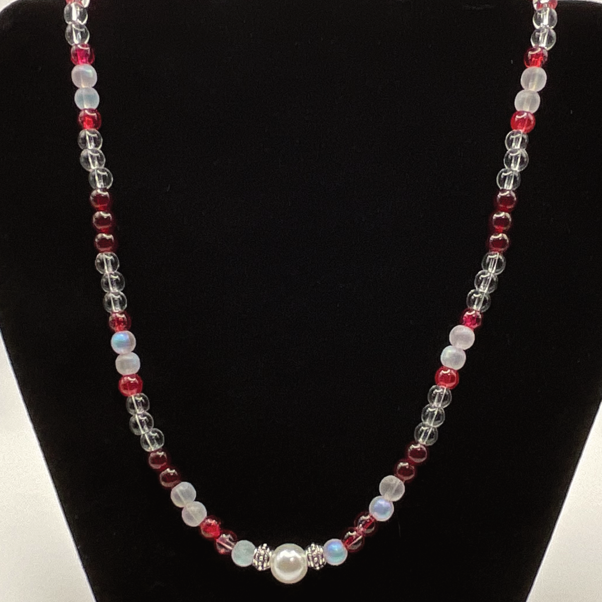 20" Red Clear Milky White Pearl Glass Necklace with Silver Spacers