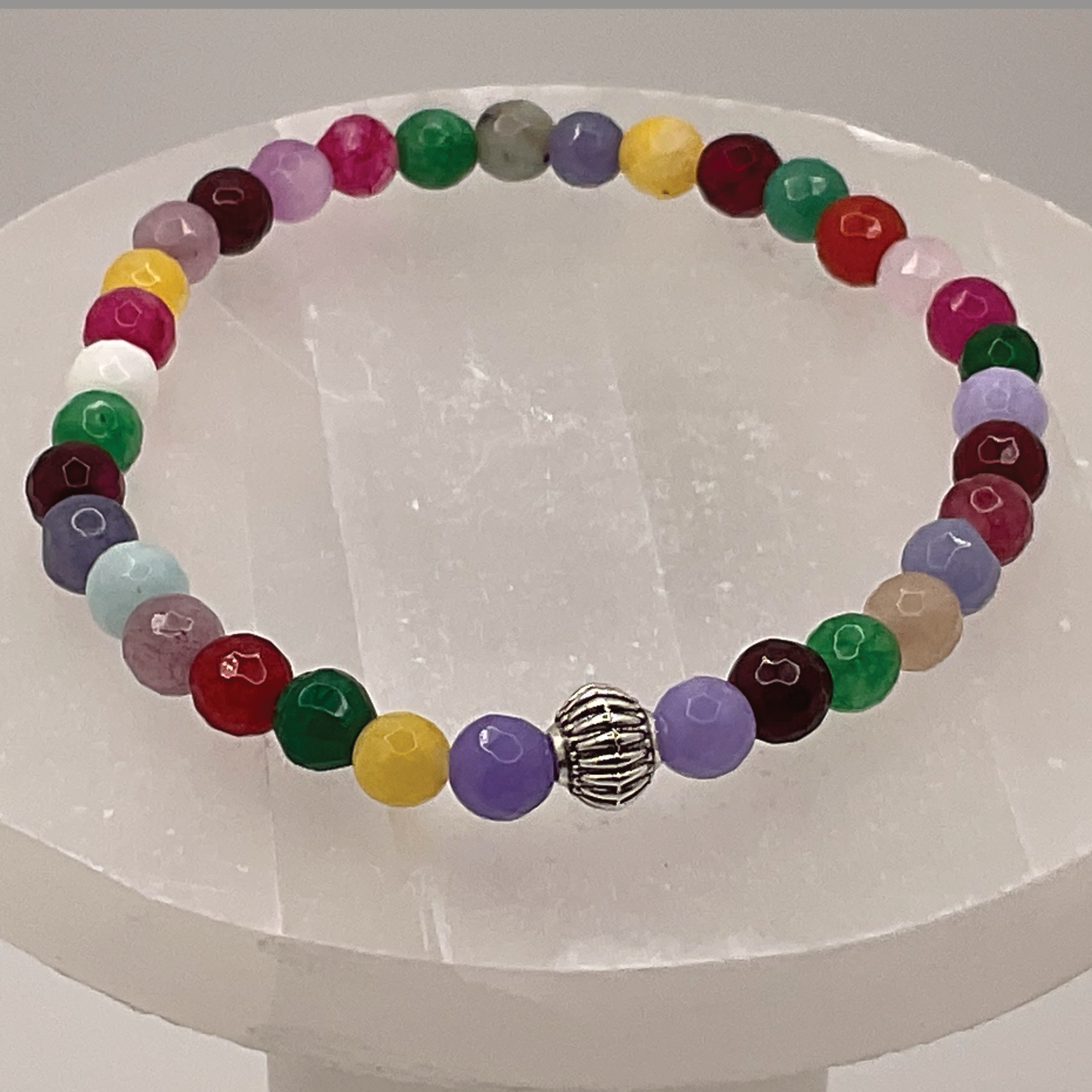 Multicolored Dragon Vein Agate Bracelet with Silver Barrel Spacer