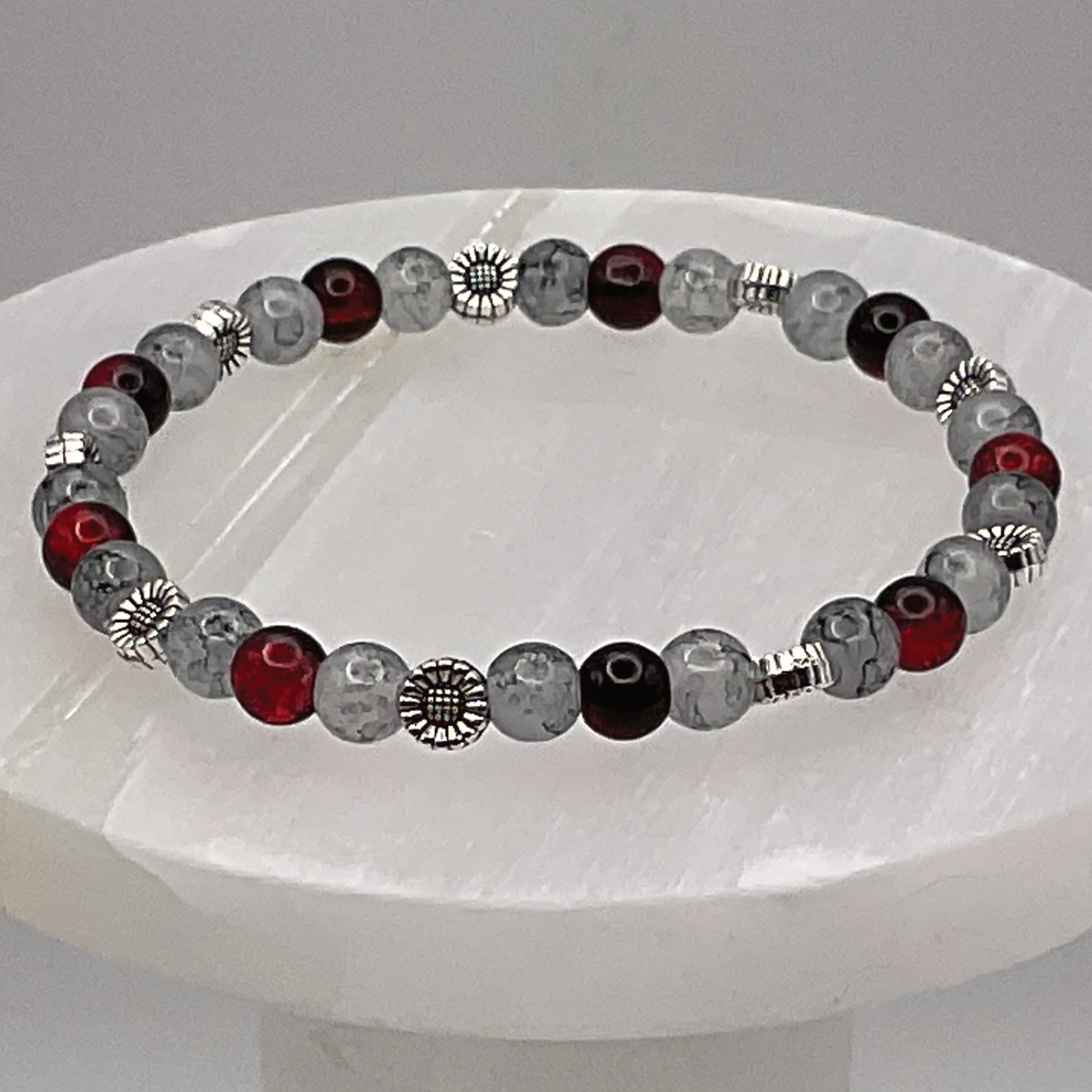 Red Clouded Black and Grey Glass Bracelet with Silver Flower Spacers