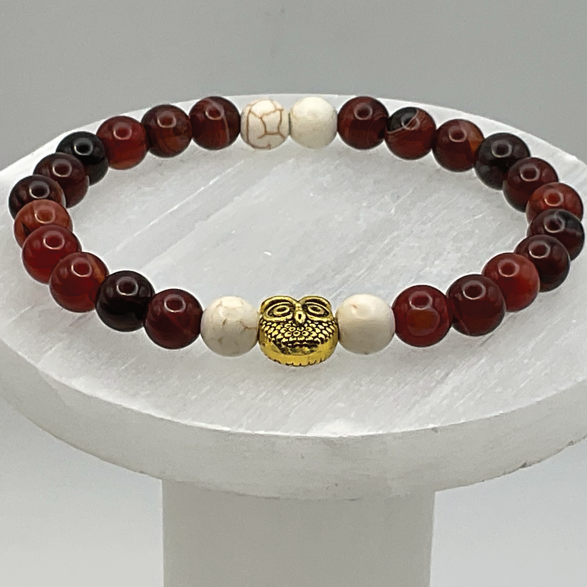Carnelian Agate Magnesite Owl Charm Bracelet