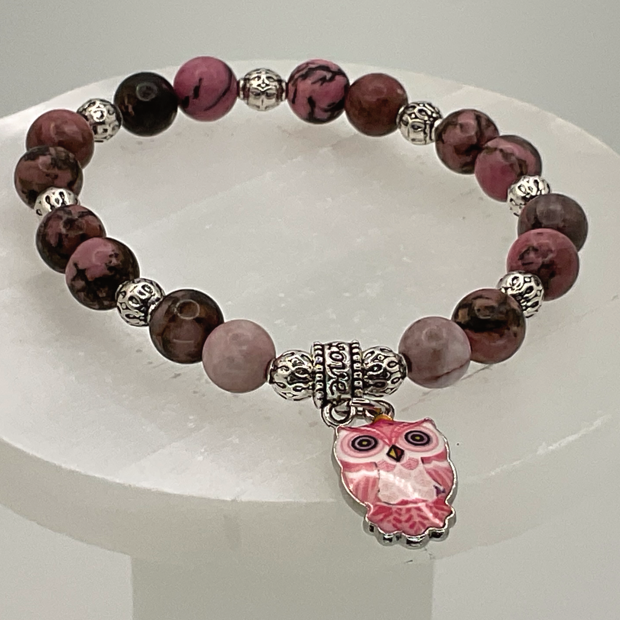 Rhodonite Owl Charm Bracelet with Silver Spacers