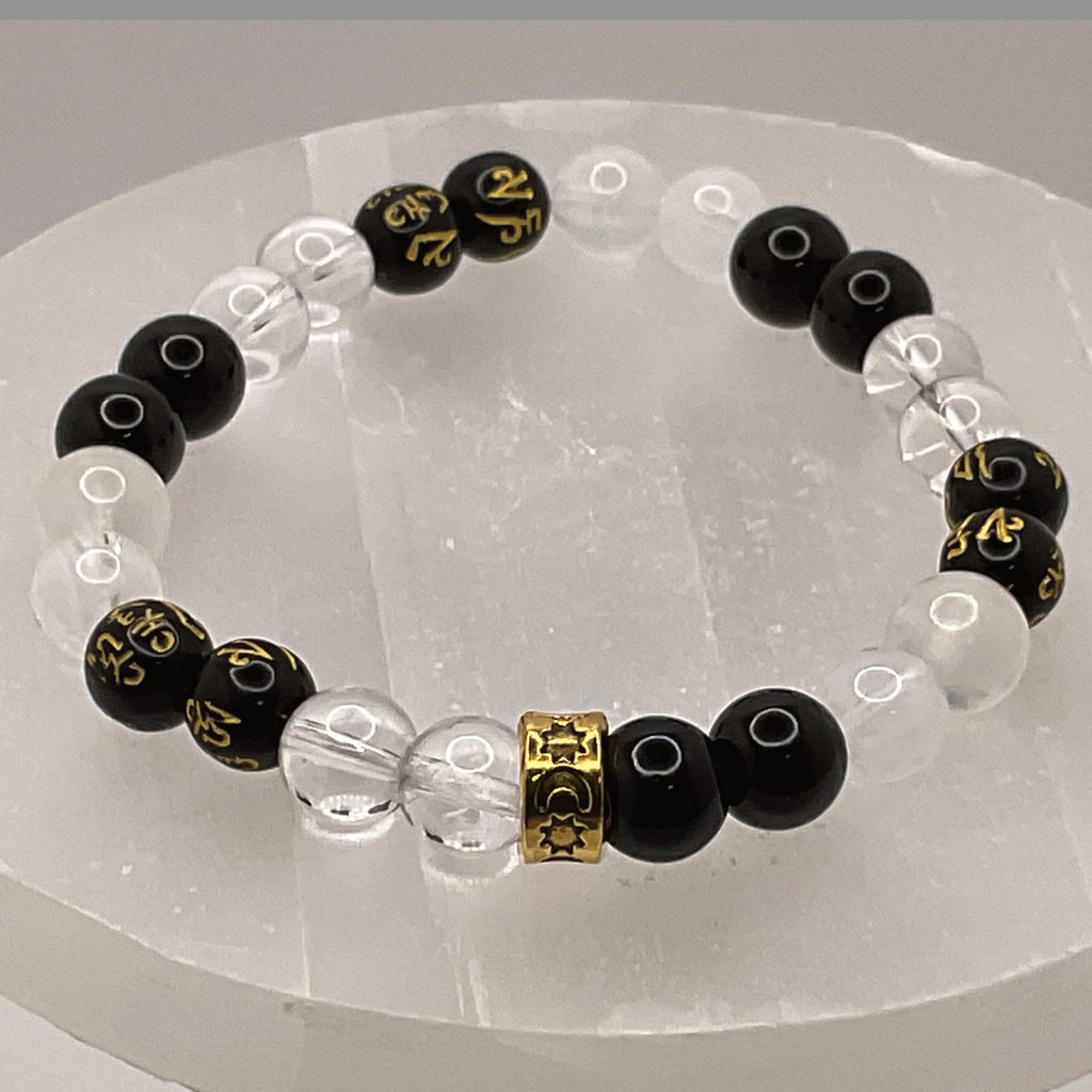 Clear Quartz Milky Quartz Black Pixiu Bracelet with Gold Tone Barrel Spacers