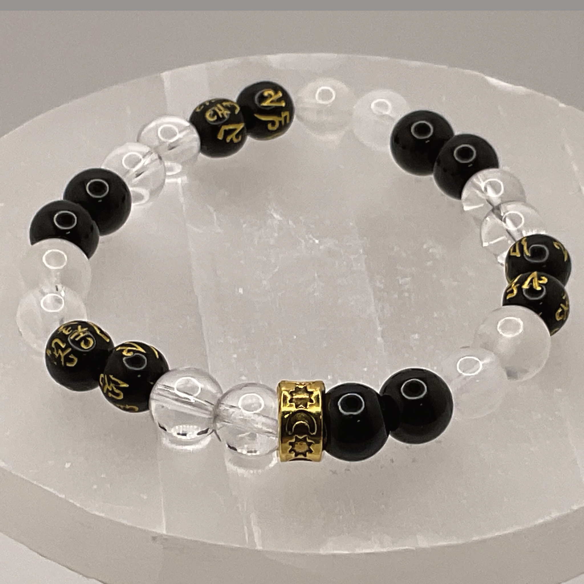 Clear Quartz Milky Quartz Black Pixiu Bracelet with Gold Tone Barrel Spacers