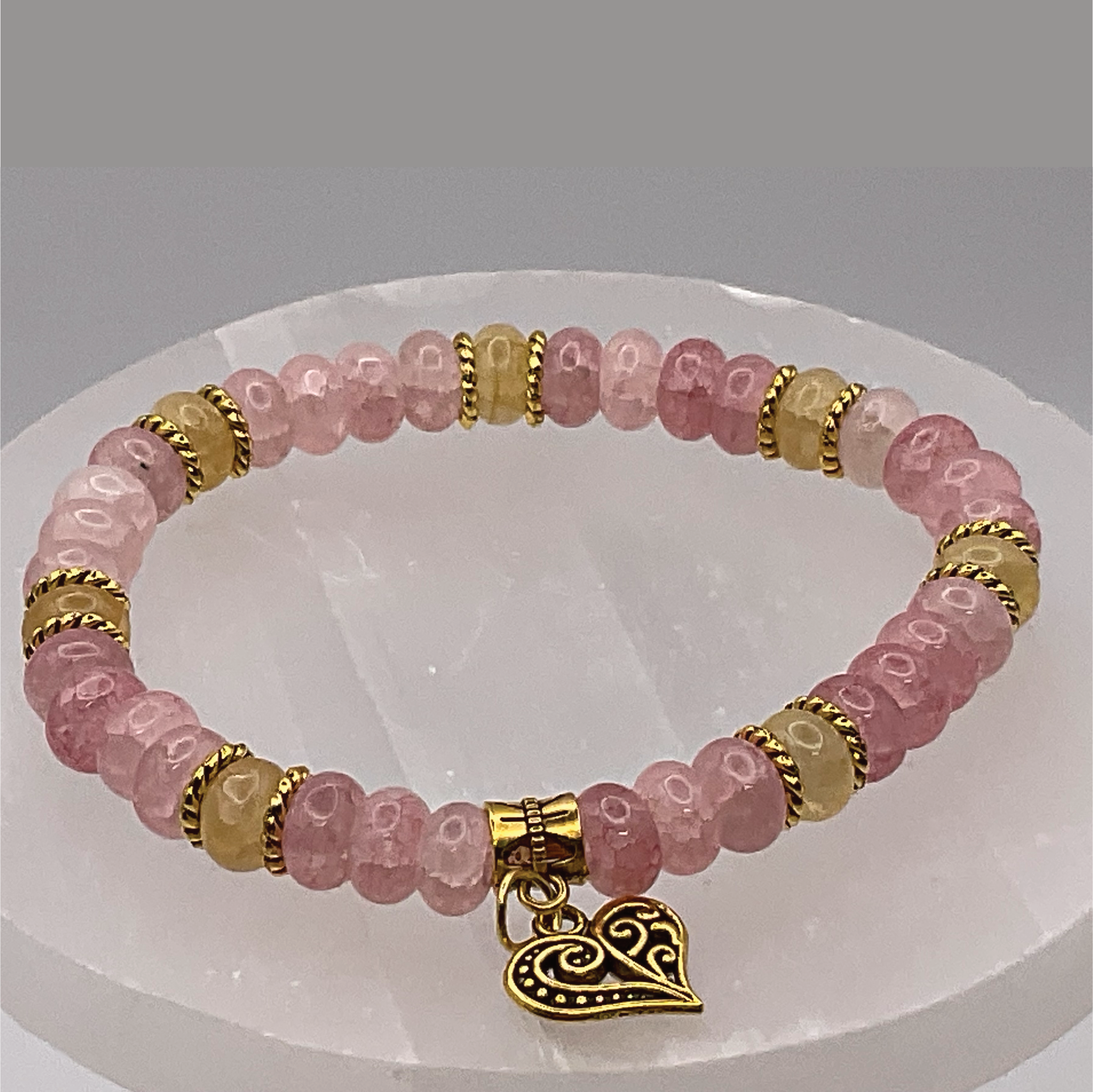 Pink Yellow Tourmaline Heart Charm Bracelet with Gold Tone Spacers