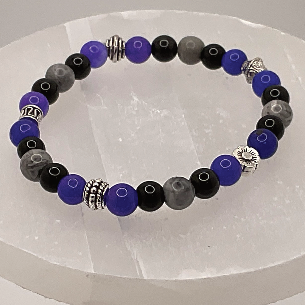 Magnesite Amethyst Black Agate Bracelet with Silver Tone Spacers