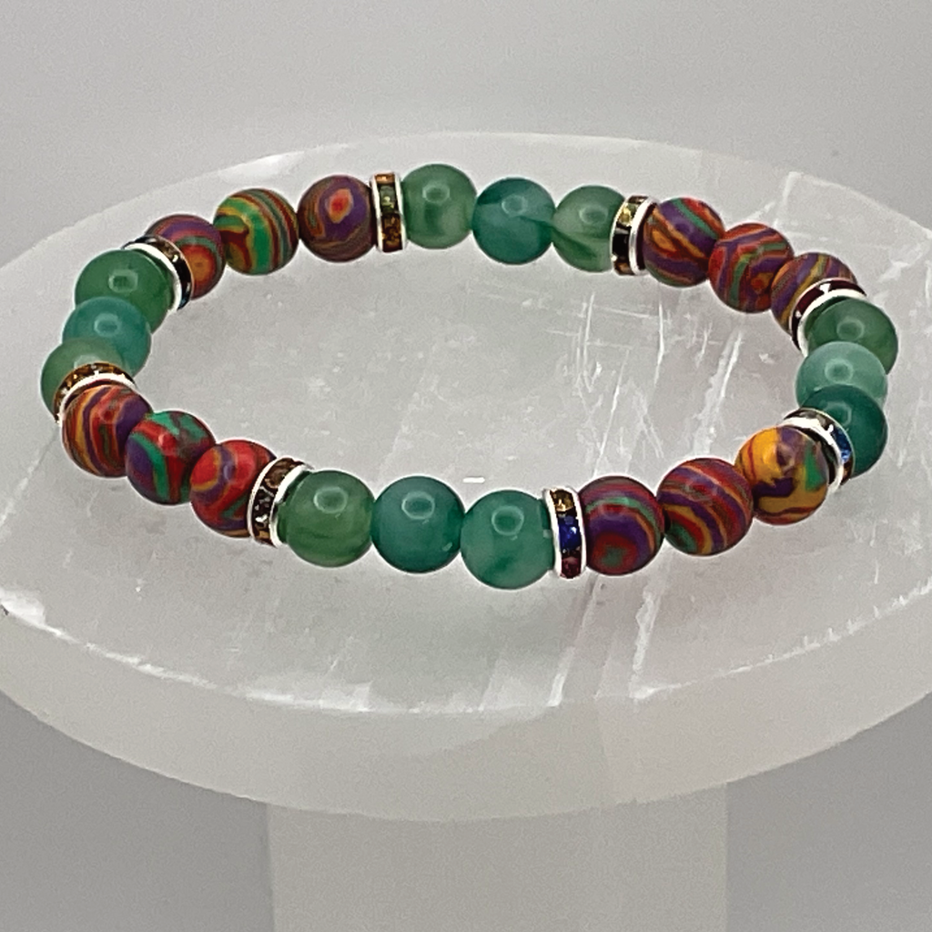 Pulsera Casilica de calcedonia verde con separadores de cristal multicolor de plata