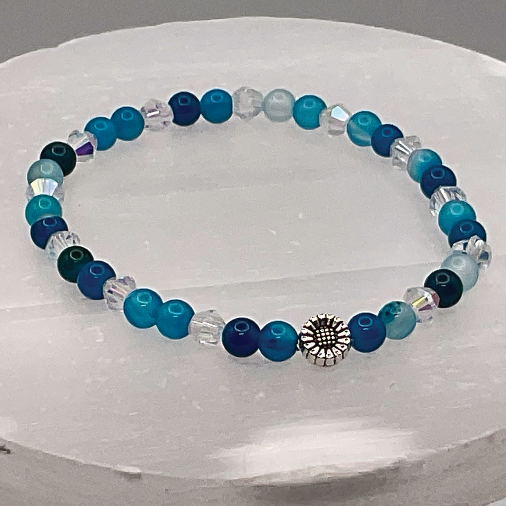 14.5 cm (5.7") Blue Dragon Vein Agate Silver Flower Bracelet with Crystal Spacers