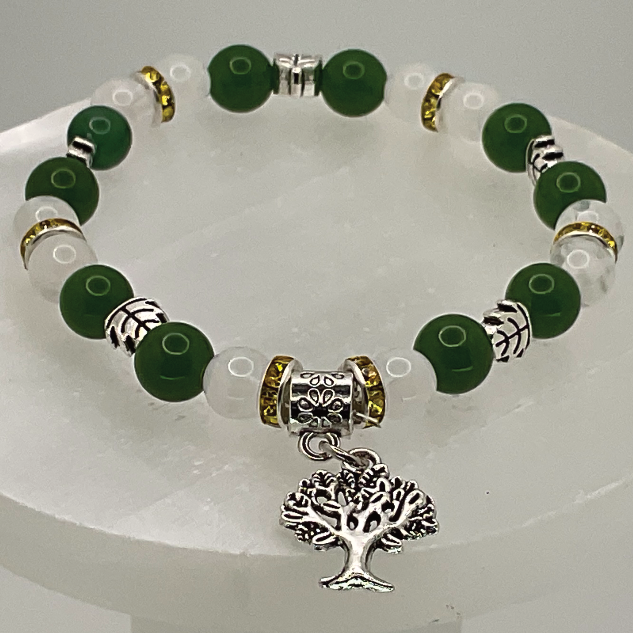 Green Chalcedony Milky Quartz Tree of Life Charm Bracelet with Yellow Crystal Silver Spacers