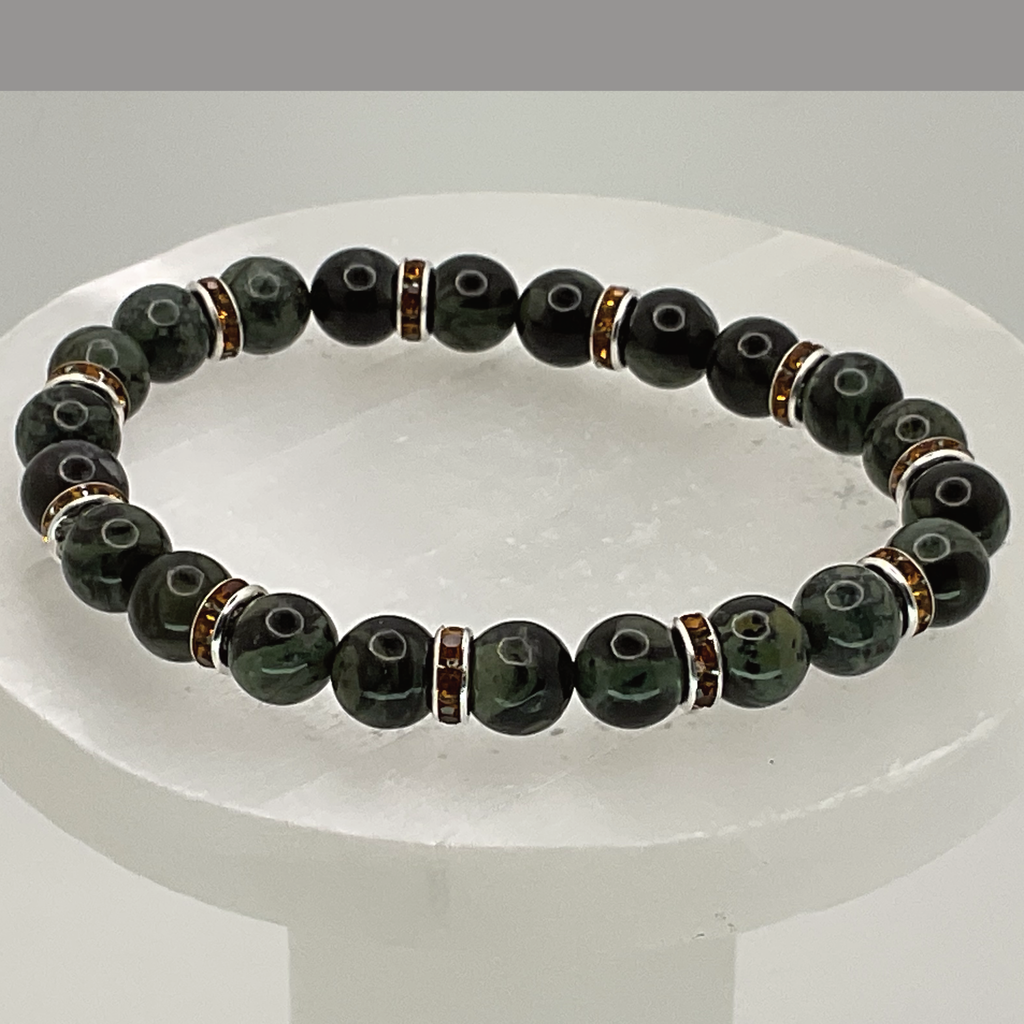Kambaba Jasper Bracelet with Gold Crystal Silver Spacers