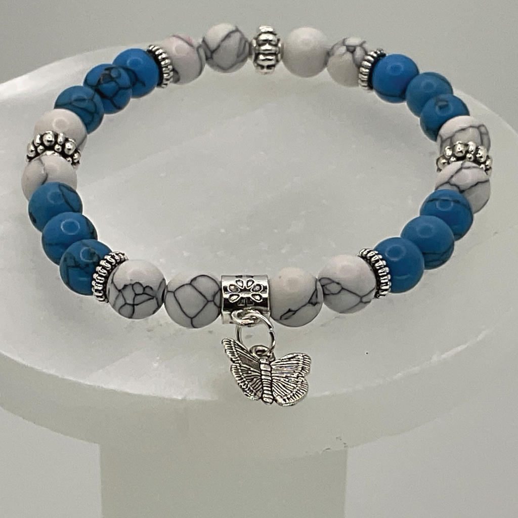 Blue Howlite Magnesite Butterfly Charm Bracelet with Silver Spacers