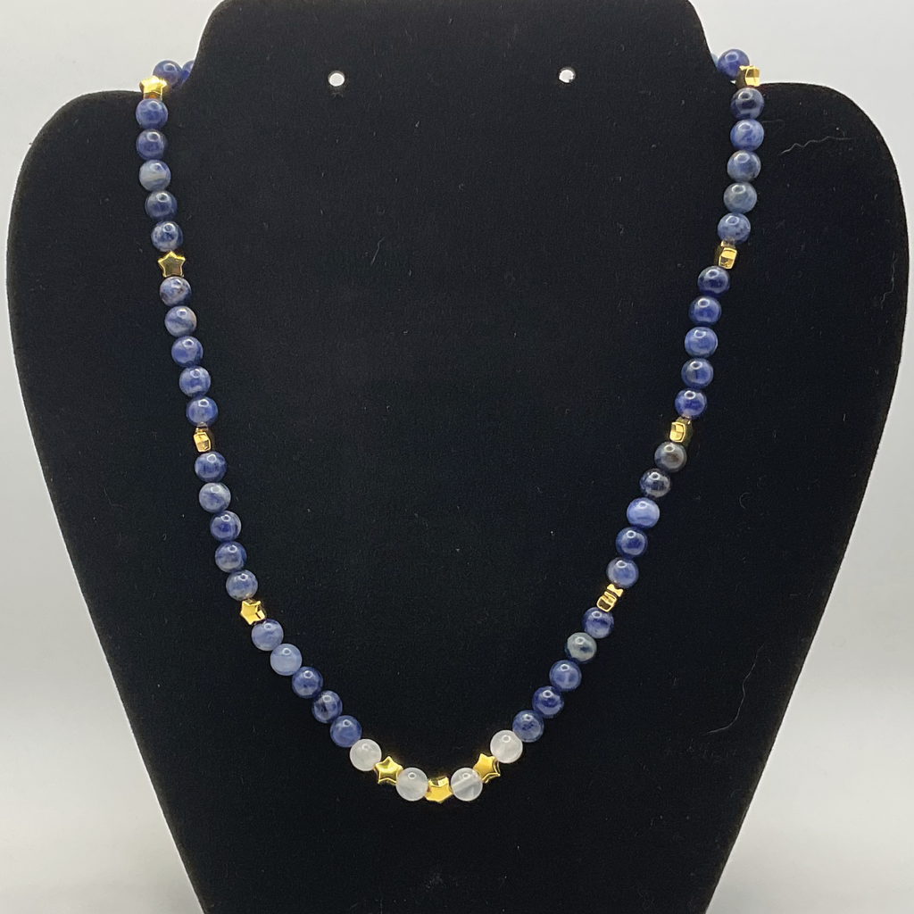 16" Sodalite Milky Quartz Necklace with Gold Tone Star Spacers