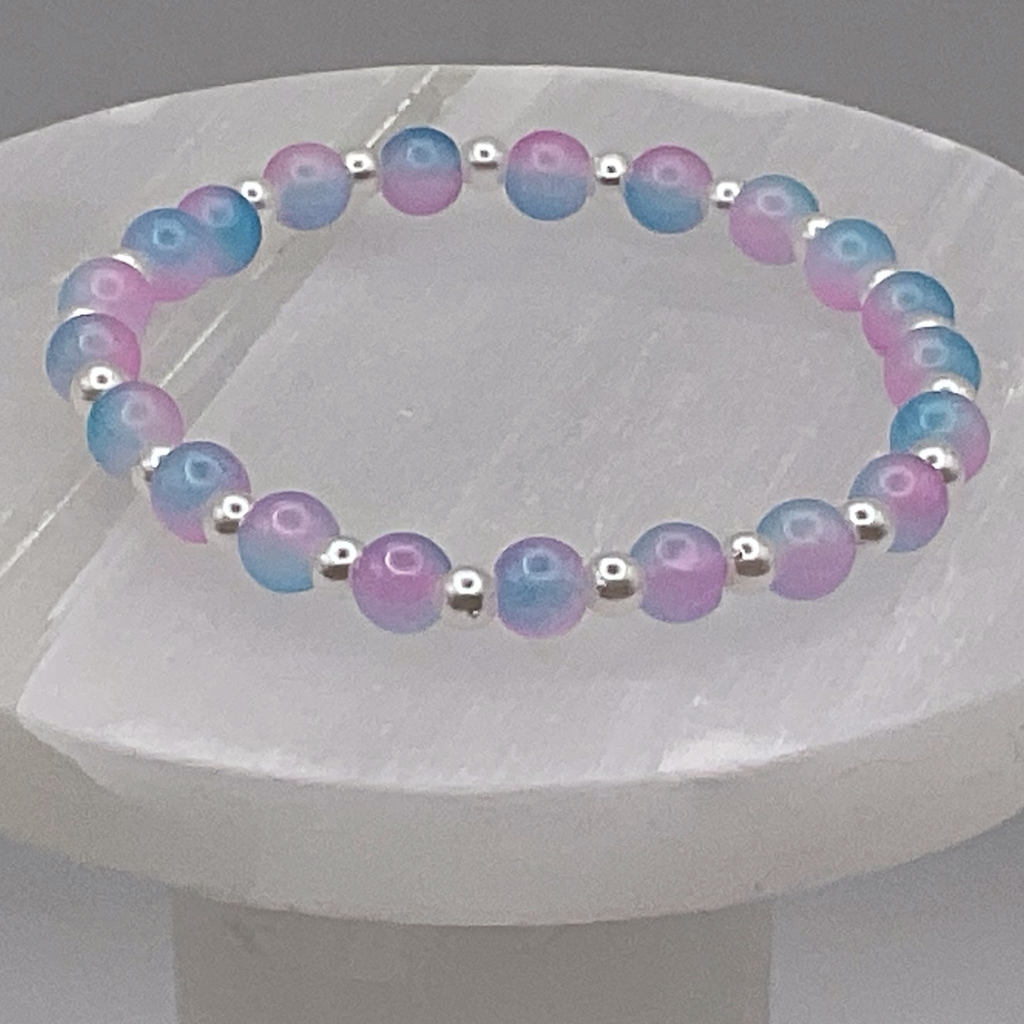 Pink Light Blue Glass Bracelet with Pearl Spacers