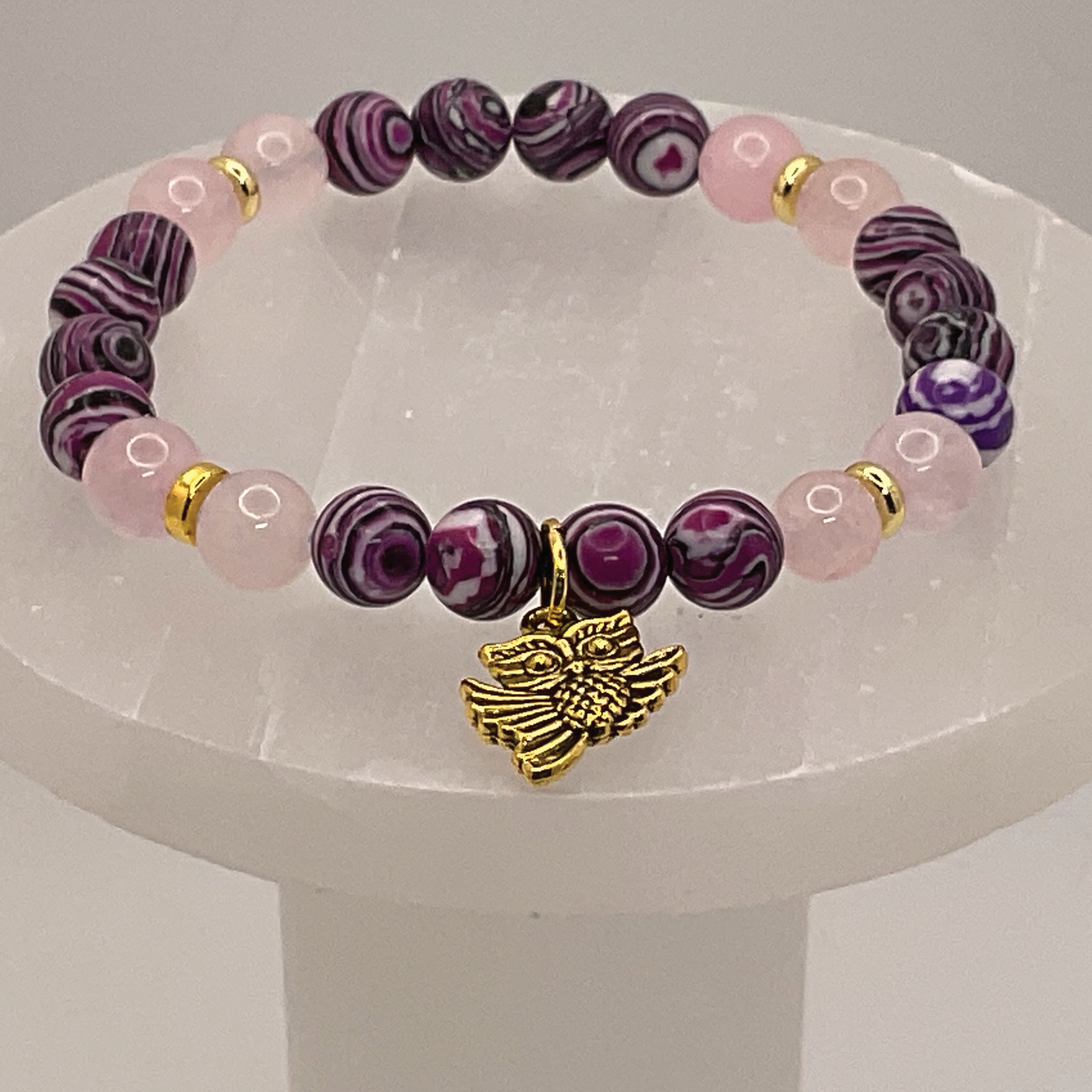 Purple Dragon Vein Rose Quartz Owl Charm Bracelet with Gold Spacers