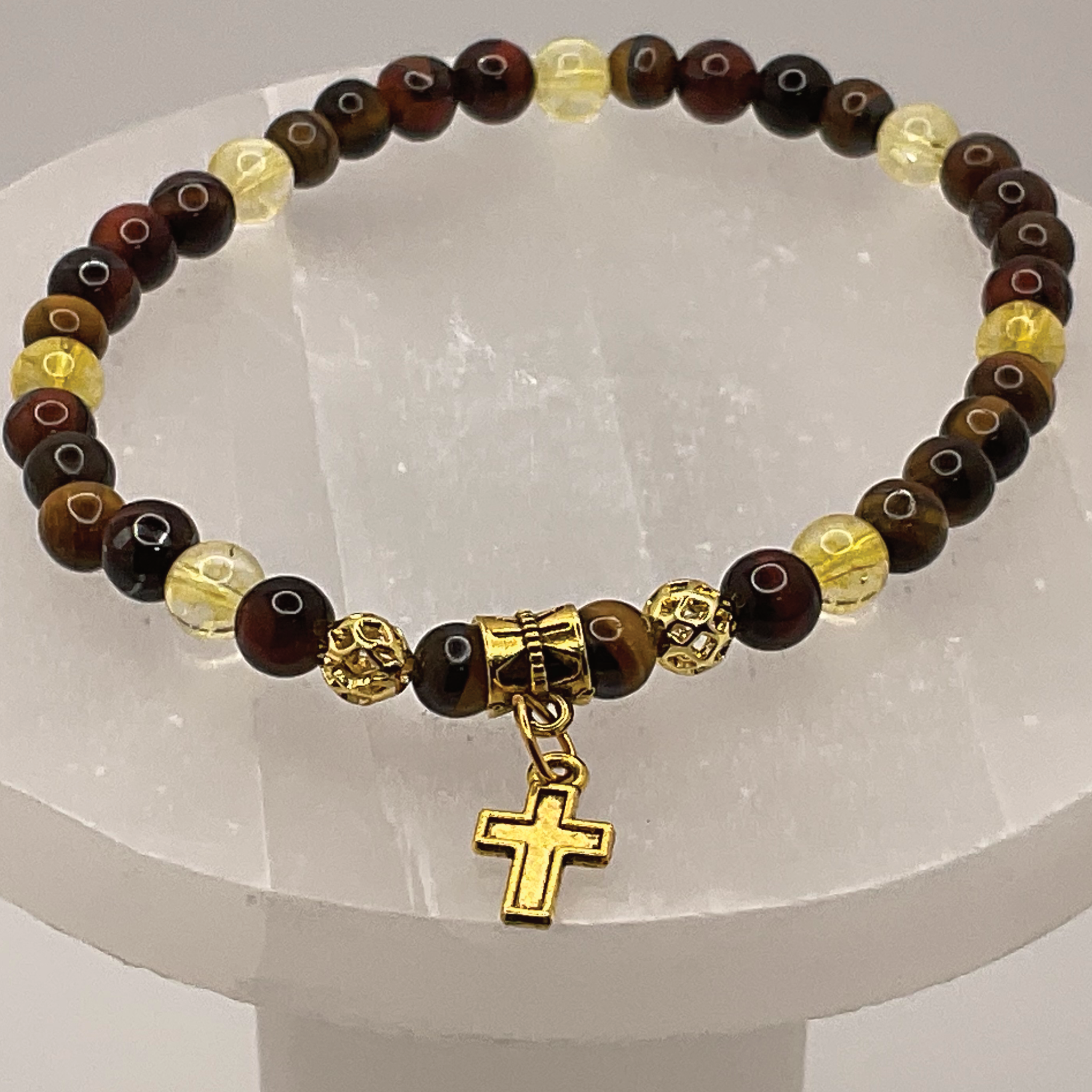 Tiger's Eye Citrine Cross Charm Bracelet with Gold Tone Spacers