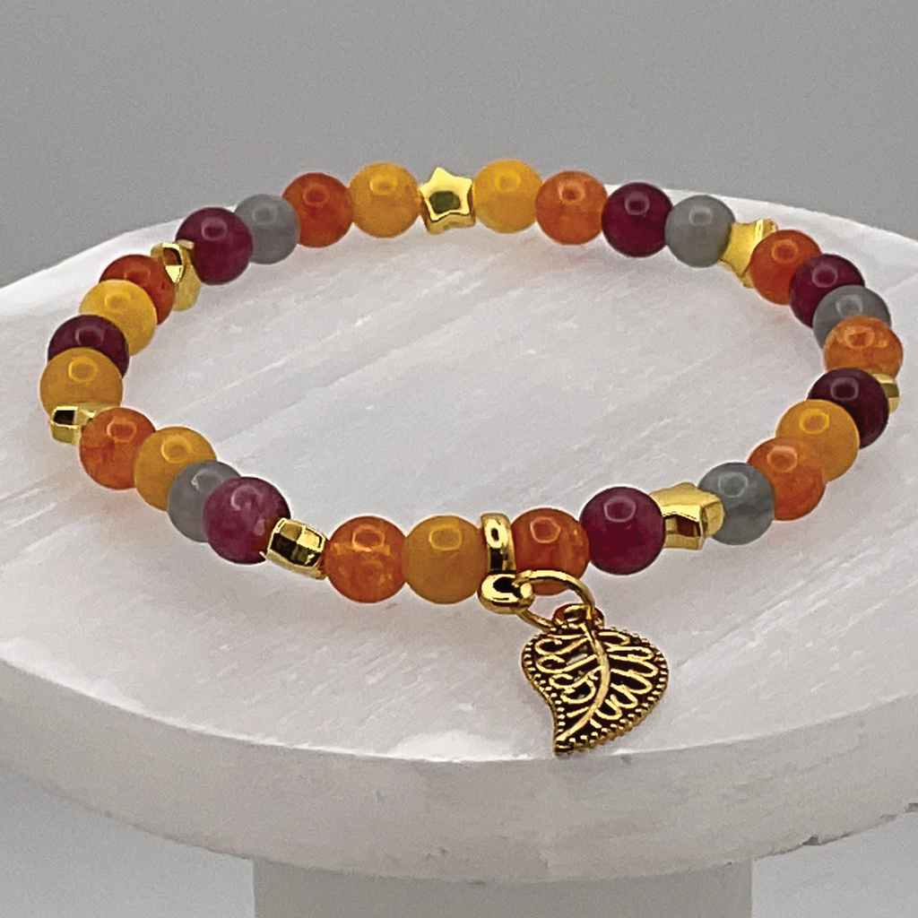 Pulsera de abalorios de hoja de ágata Vena de Dragón Naranja con espaciadores de estrella dorados