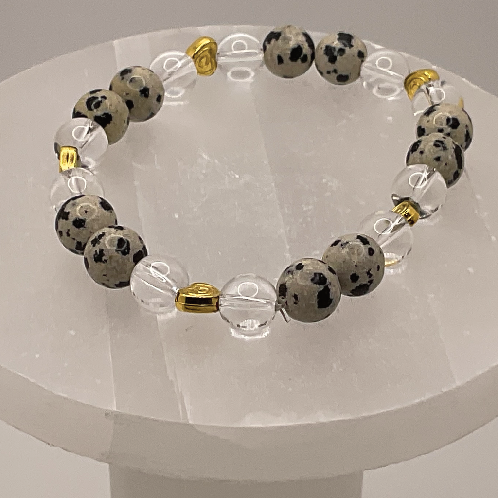 Clear Quartz Green Sodalite Bracelet with Gold Tone Heart Spacers