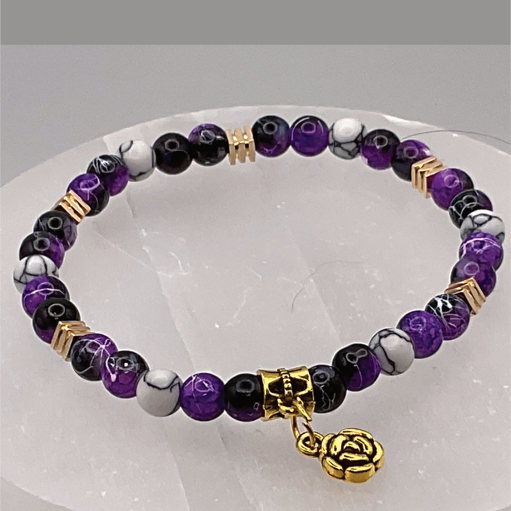 Purple Dragon Agate Magnesite Blossom Charm Bracelet with Gold Tone Spacers