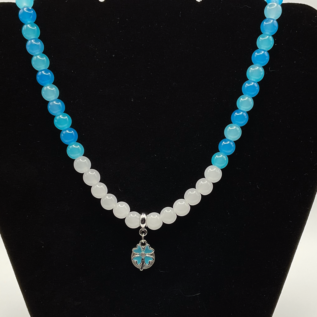 18" Multi-Blue Milky White Blue Heart Flower Charm Glass Necklace