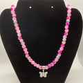 20" Pink Dragon Vein Agate Butterfly Charm Necklace with Silver Tone Spacers