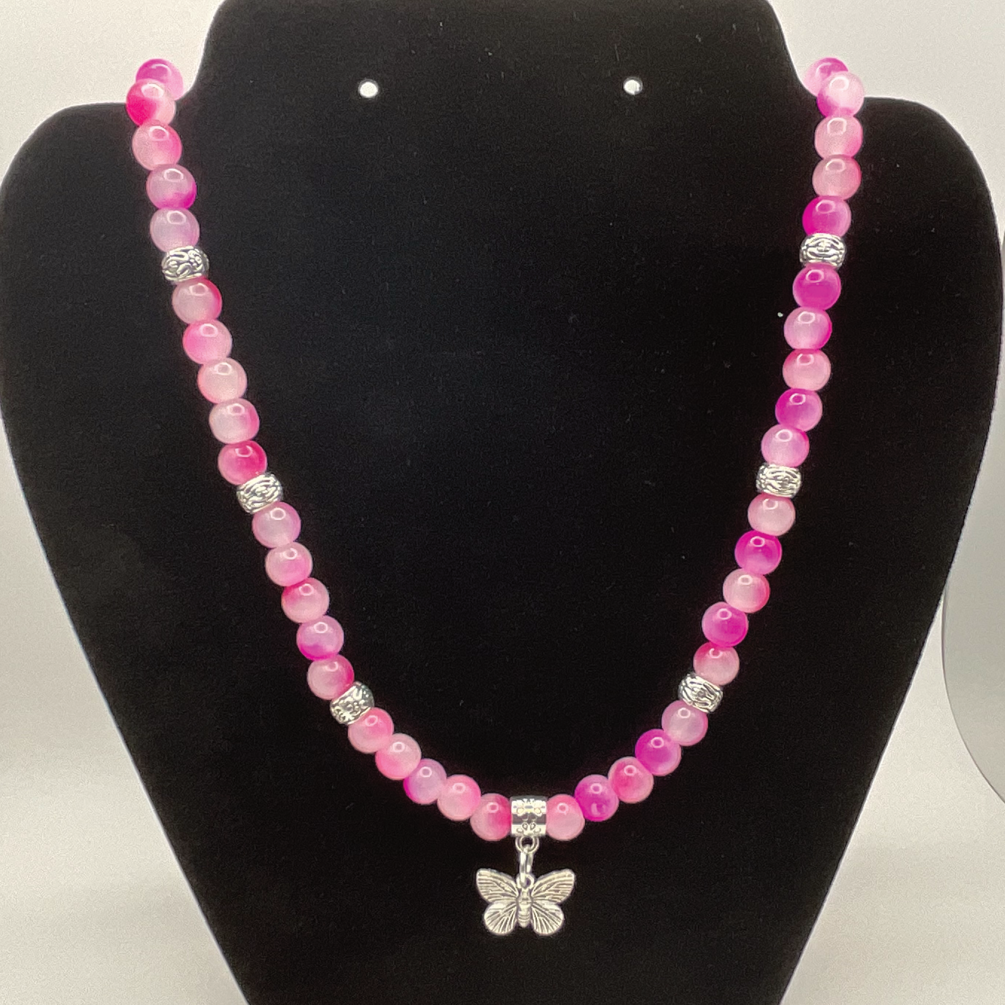20" Pink Dragon Vein Agate Butterfly Charm Necklace with Silver Tone Spacers